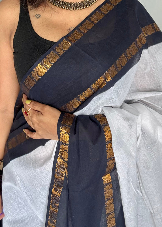 White and black rettaipettu peacock double bordered, kattuchayam dyed madurai cotton saree - YCCOTNMSFE90