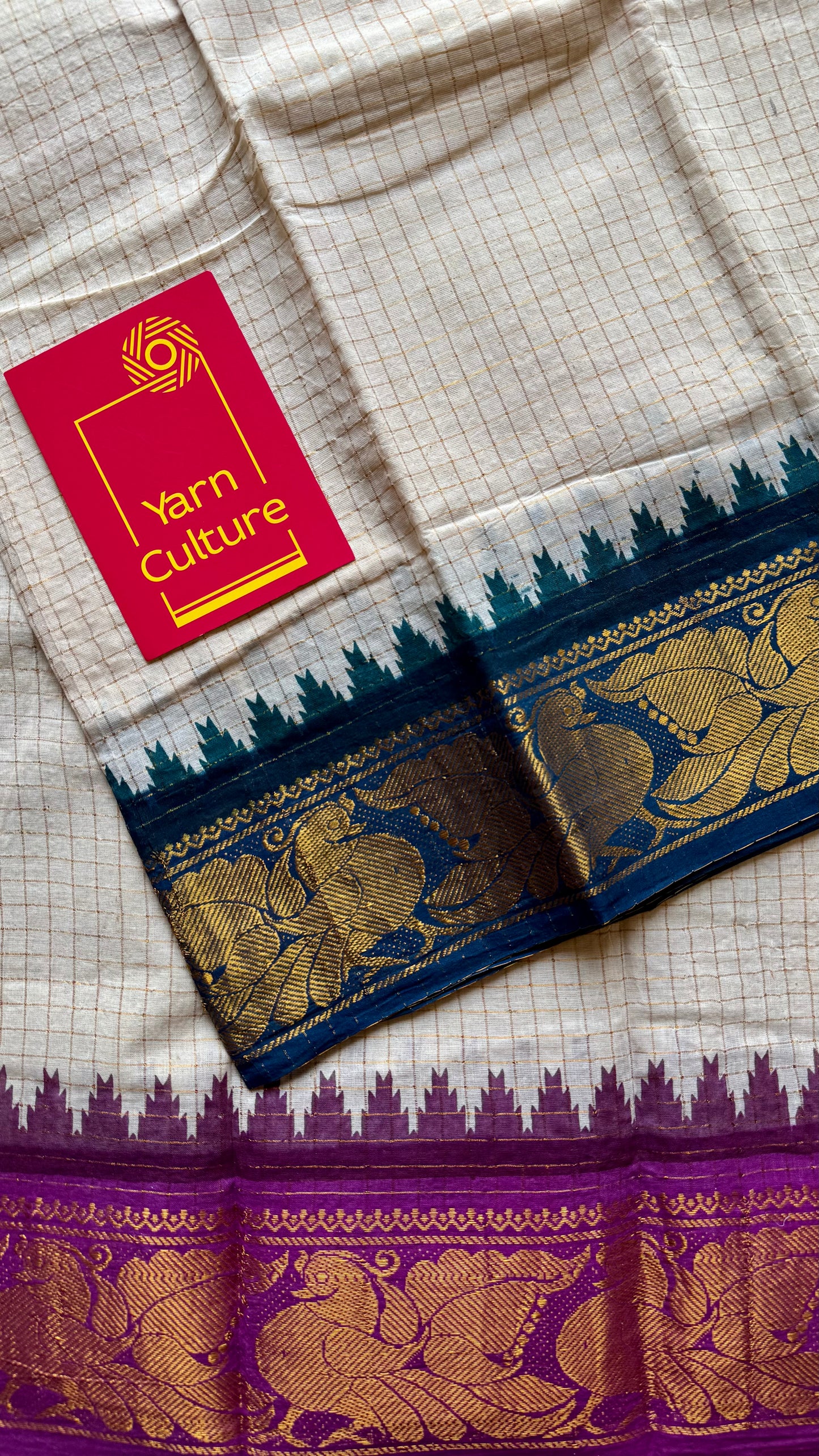 Sungudi cotton checks, ivory gold base, teal and magenta dual tone border, soft cotton - YCIEON101