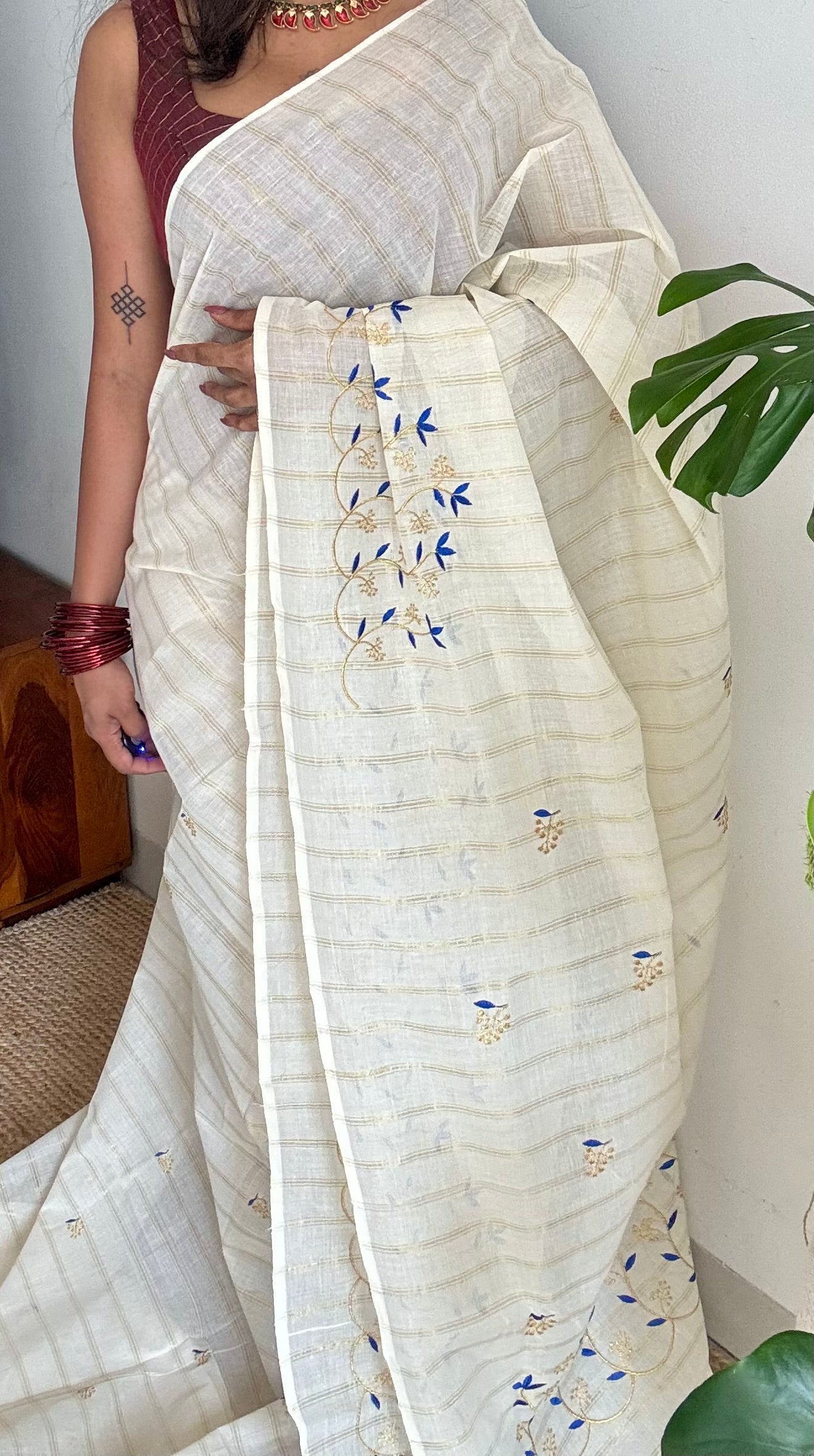 Ivory and gold soft cotton saree, blue floral vine embroidery  - YCIEON55
