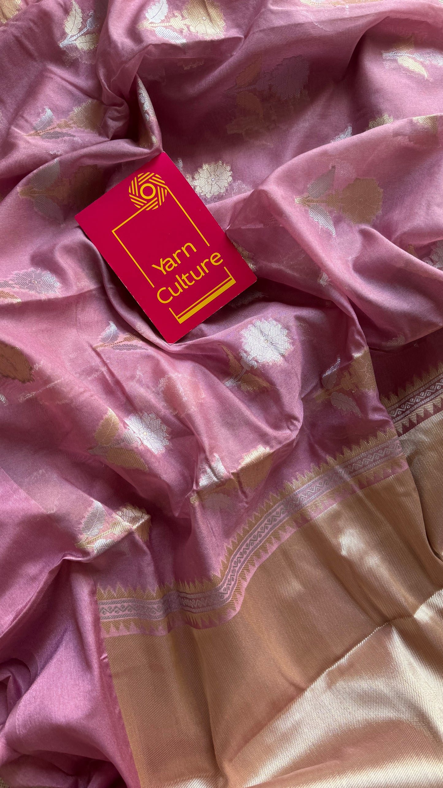 Dusty pink with gold and silver floral buttas, Banarasi semi-crepe silk - YCDESE46