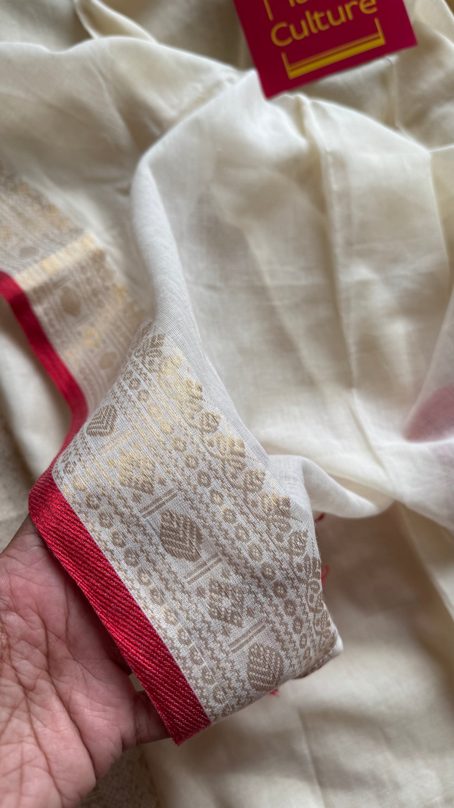 Ivory mul saree, red and gold border - YCIEON18