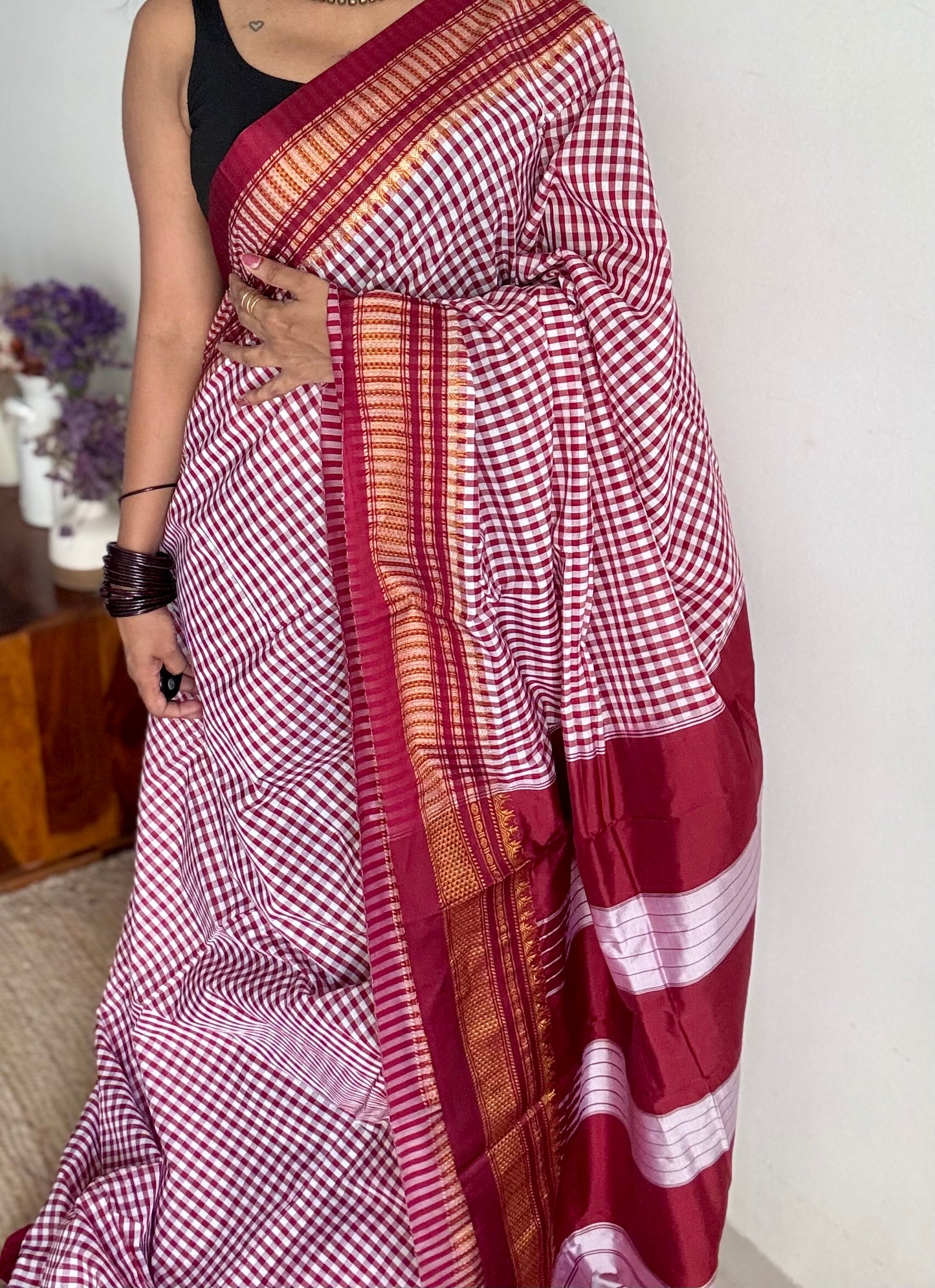 llkal maroon and white checks with chikki paras border, soft cotton with art silk blend - YCLOKICAP230