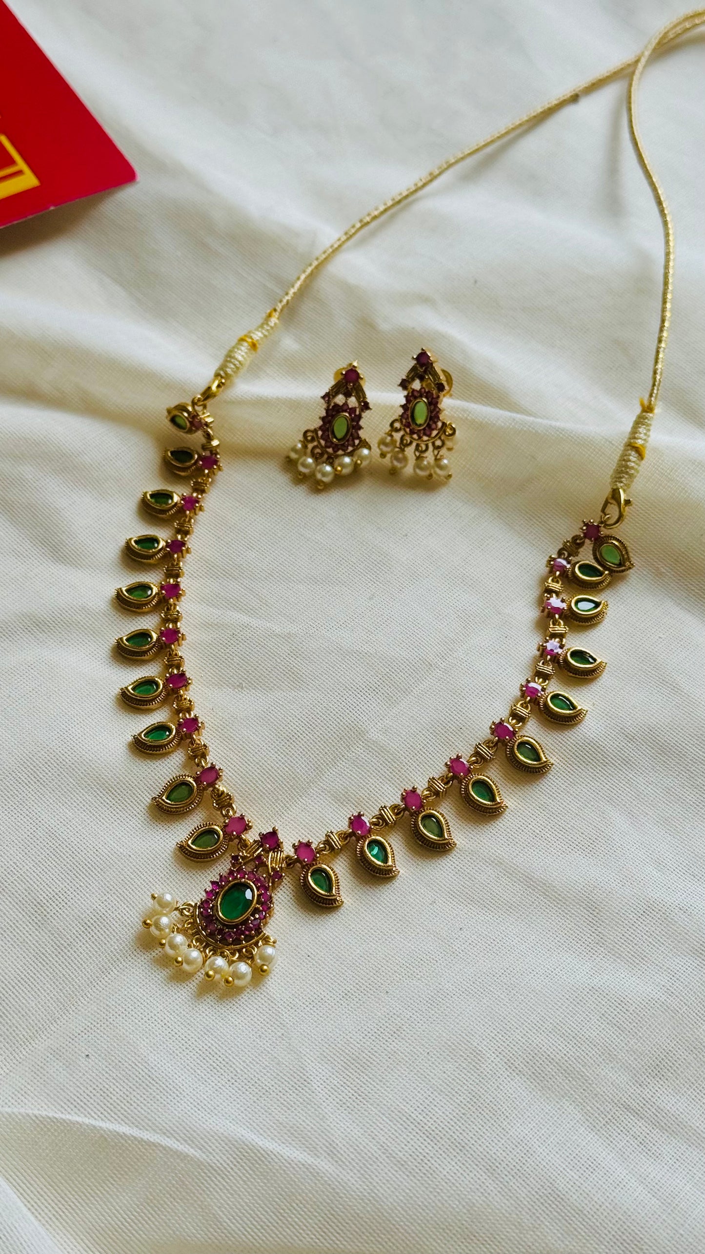 Palakka neckpiece with ruby, green and white stones, with earrings - YCGPNP798