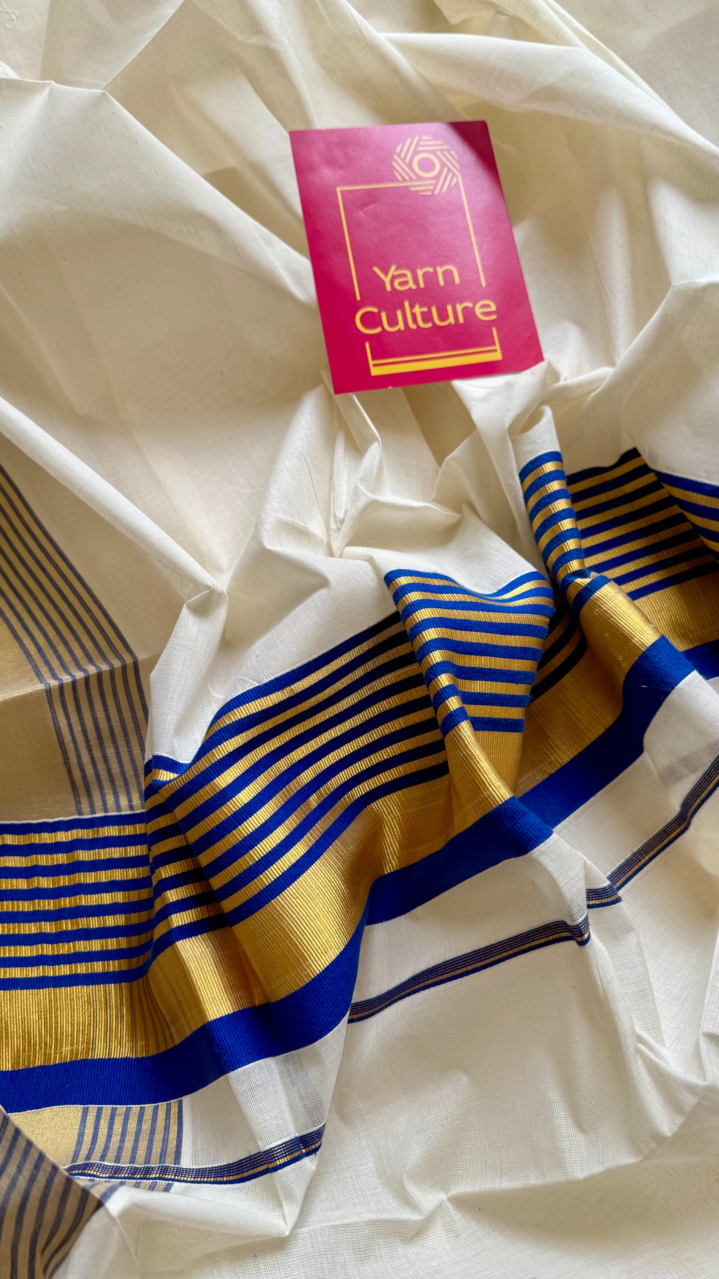Ivory and gold soft cotton saree, royal blue border - YCIEON77