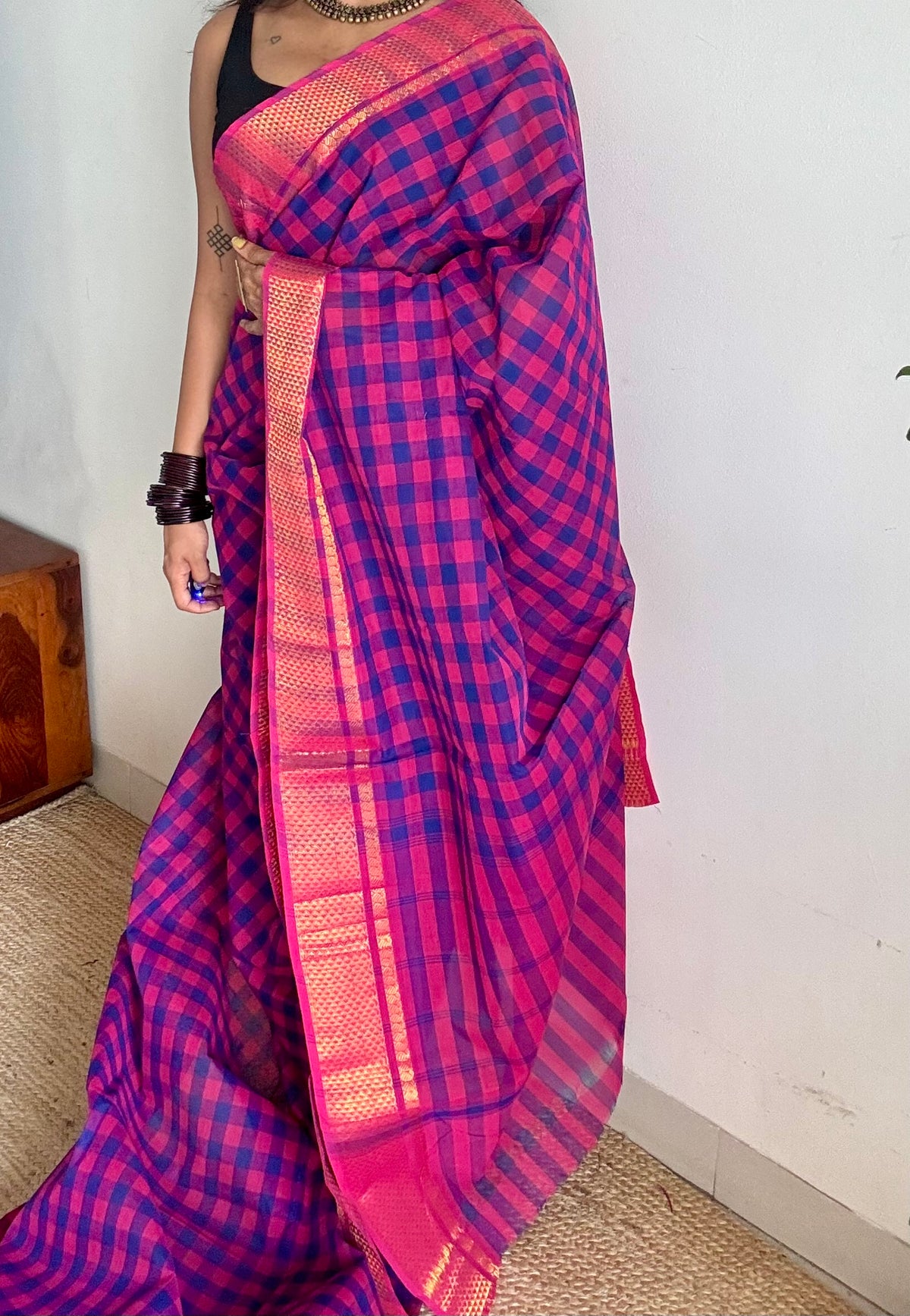 Chettinad cotton saree with purple pink and blue checks, zari motif border - YCCOTNCKSE45