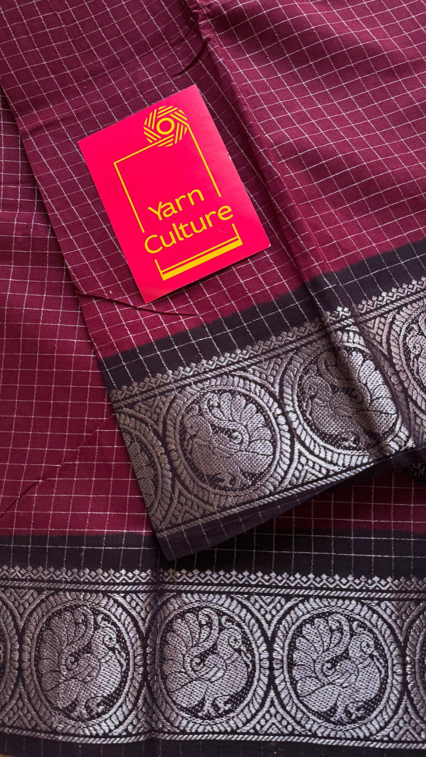 Dark wine with black, silver zari checkered sungudi, kattuchayam dyed madurai cotton - YCCOTNMSAP103