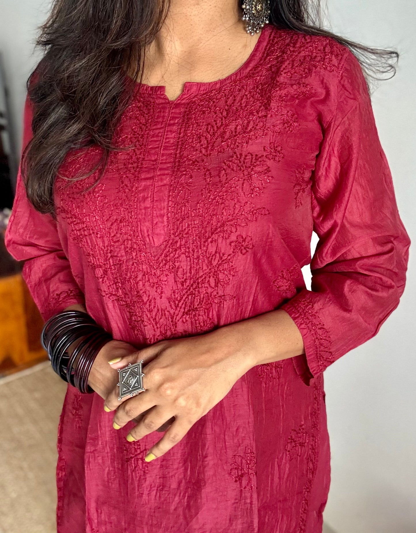 Deep carmine muslin chanderi chikankari with bakhiya work, stitched kurta, round neck, three fourth sleeves - YCSECK21