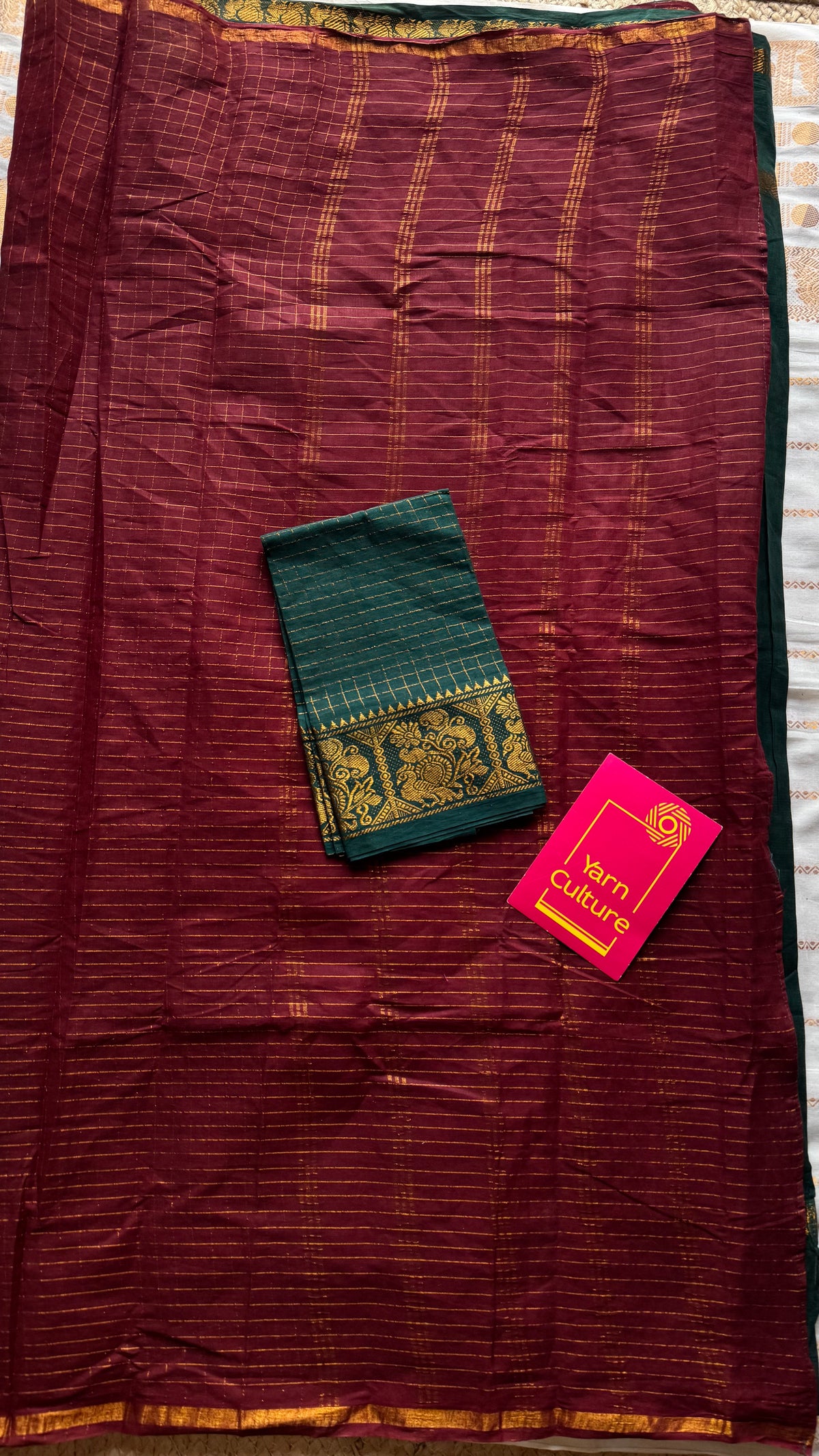 Maroon with dark green, sungudi cotton half and half saree - YCCOTNIDOC158