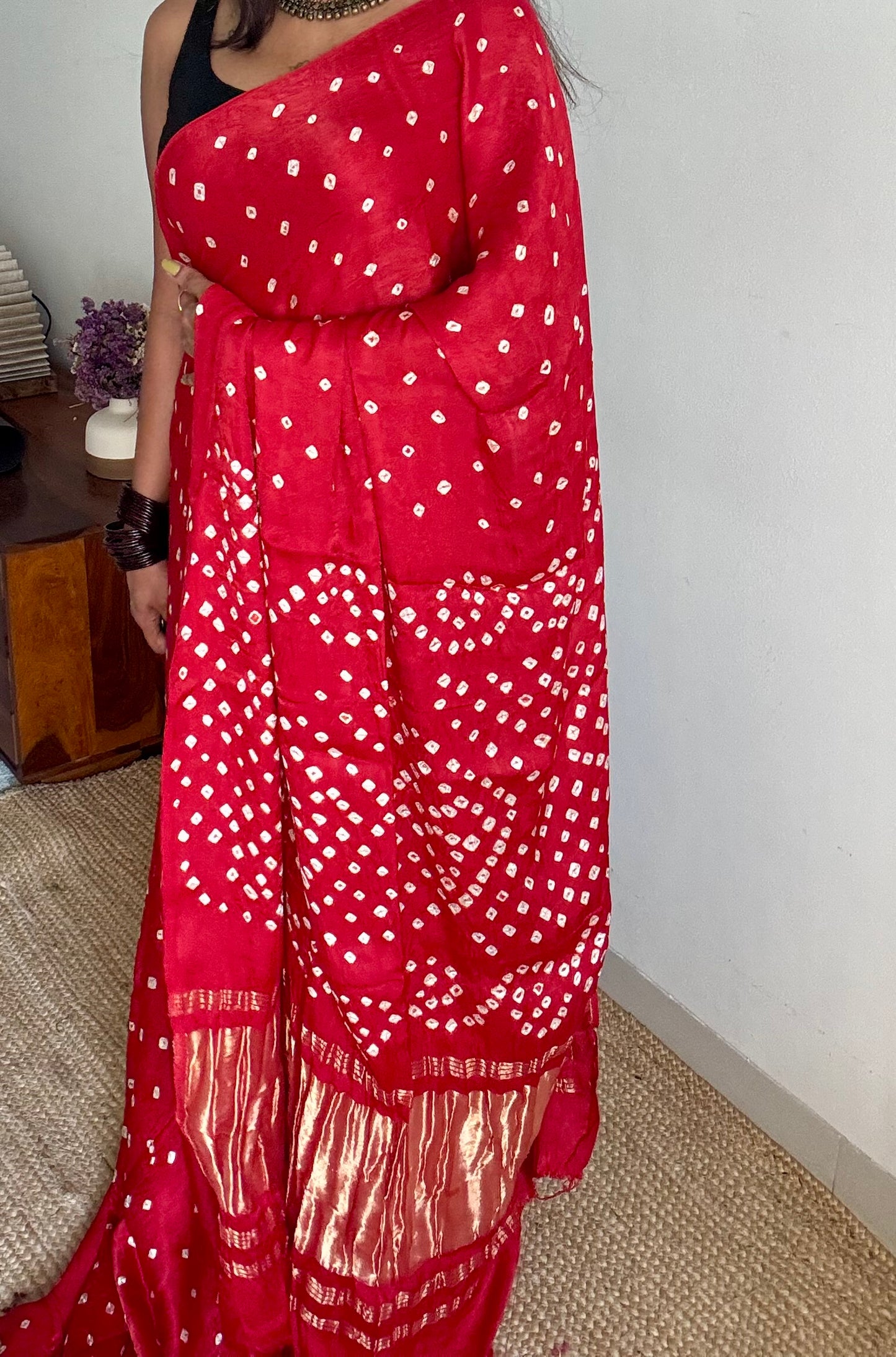 Red, crushed bandhej pure modal silk saree with lagdi patta zari pallu - YCTOKBM335