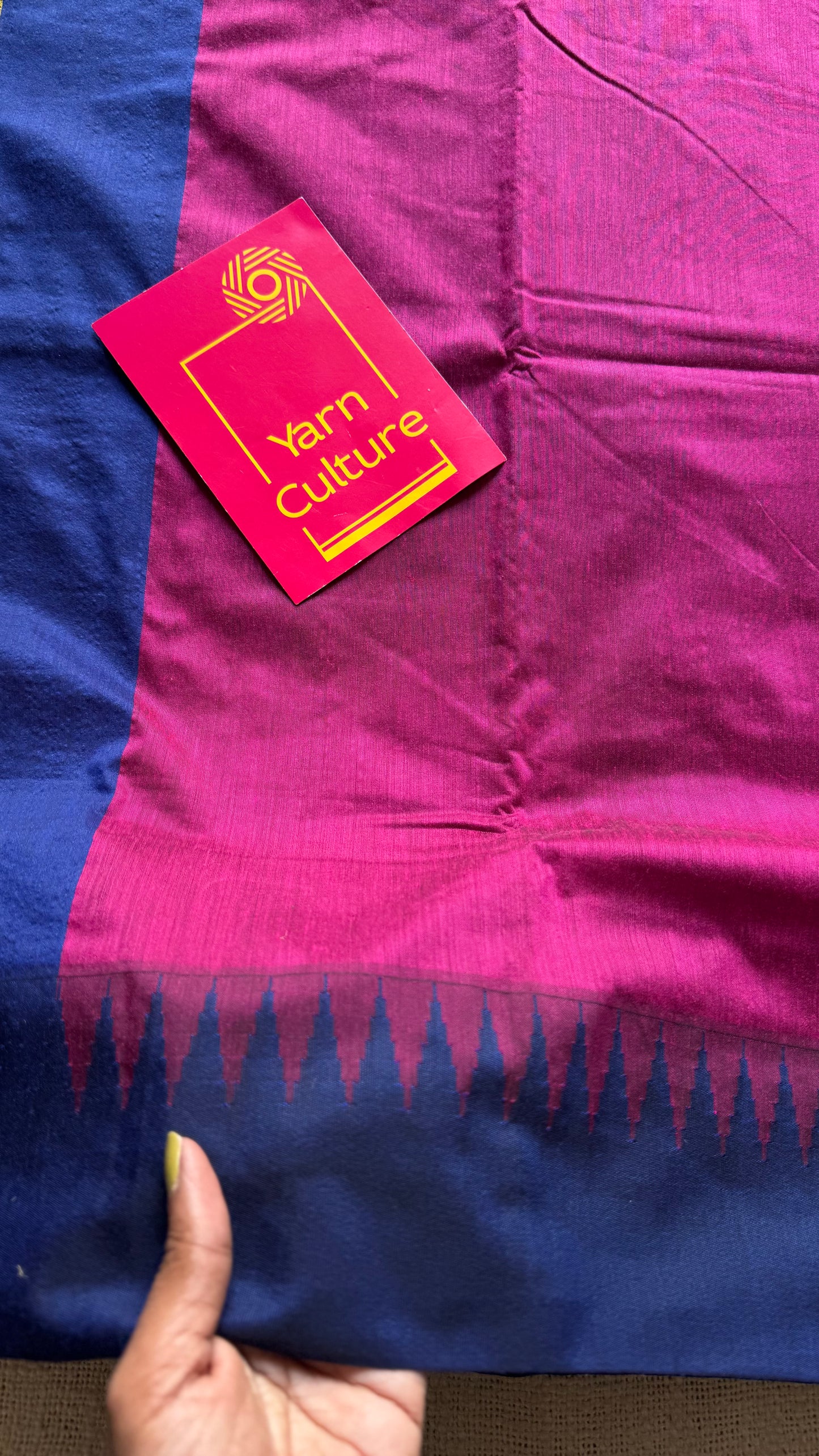 Magenta with blue contrast, temple border saree, cotton silk - YCCOTNTBFE62