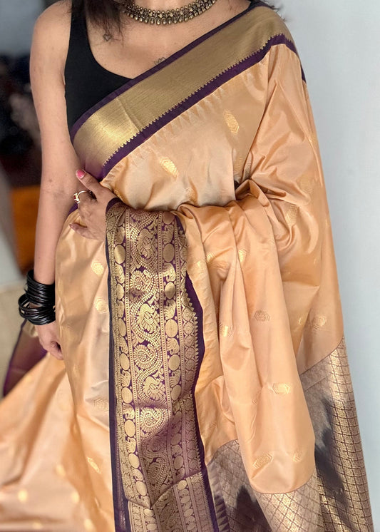 Mohini - beige with deep wine purple, handloom korvai semi silk - YCCOTNFEJUKS06