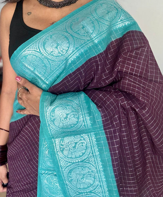 Purple brown with turquoise, silver zari checkered sungudi, kattuchayam dyed madurai cotton - YCCOTNMSAP106