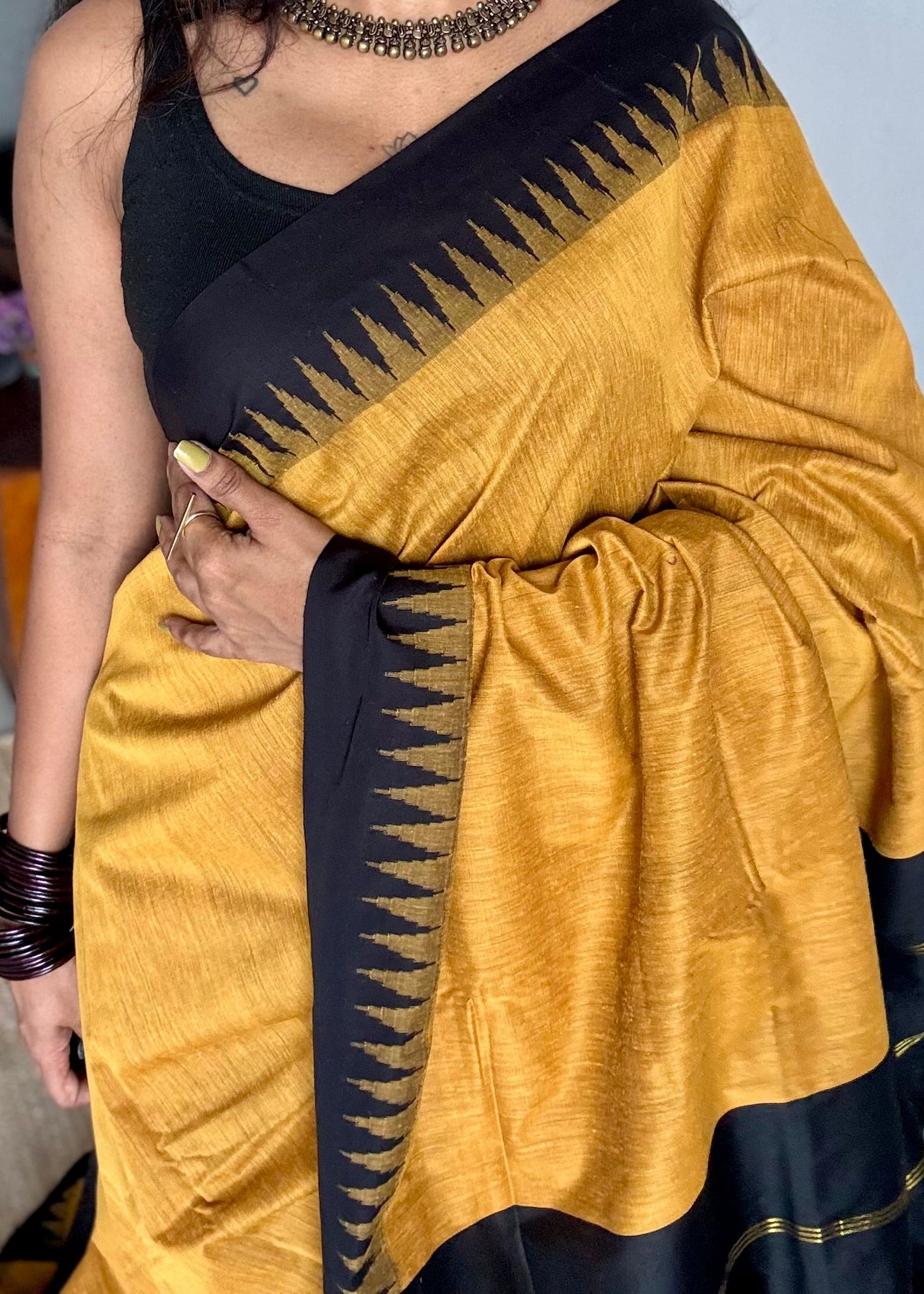 Turmeric yellow with black temple border, cotton silk - YCCOTNCSDE94