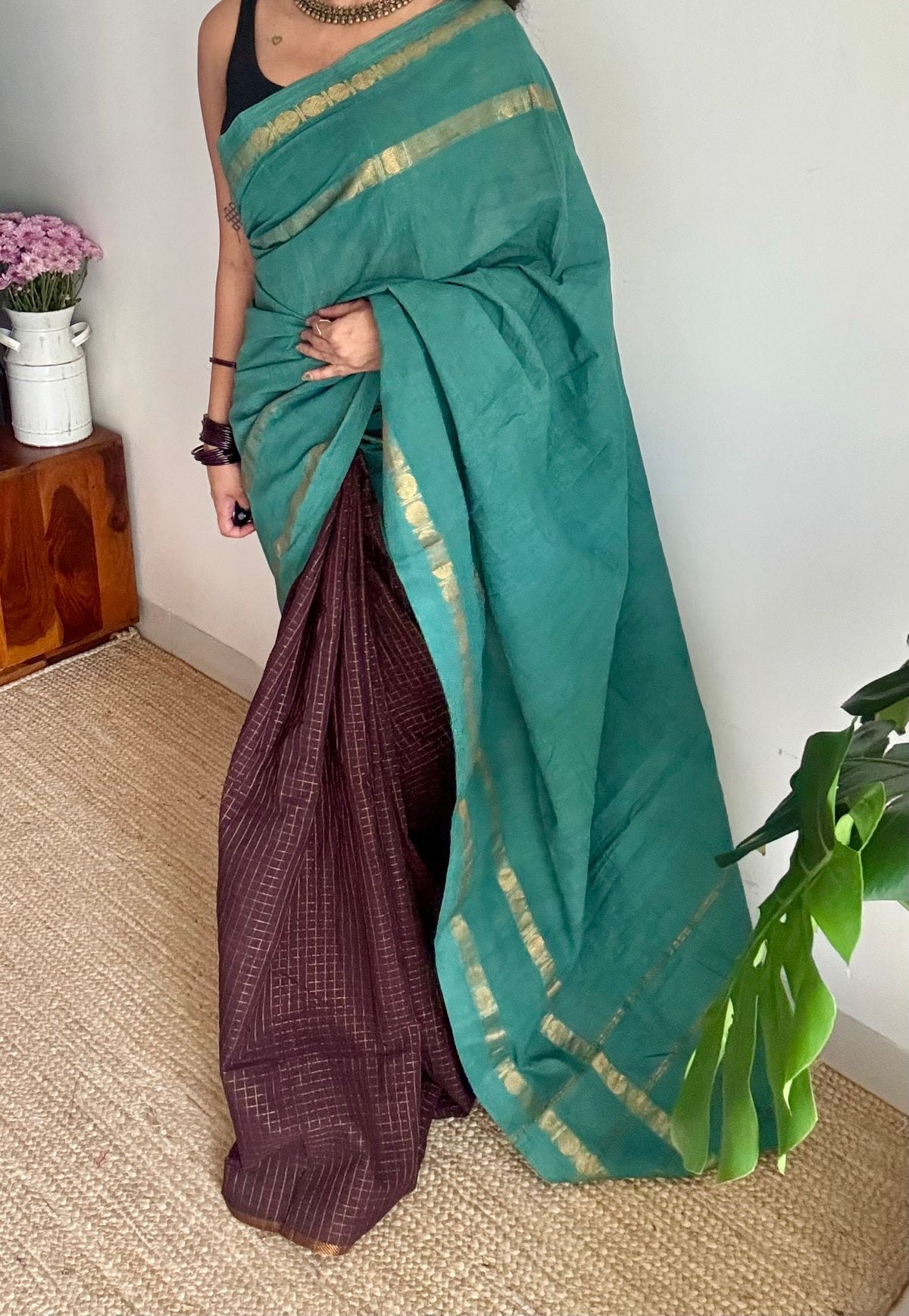 Mint green with brown, sungudi cotton half and half saree - YCCOTNIDOC154