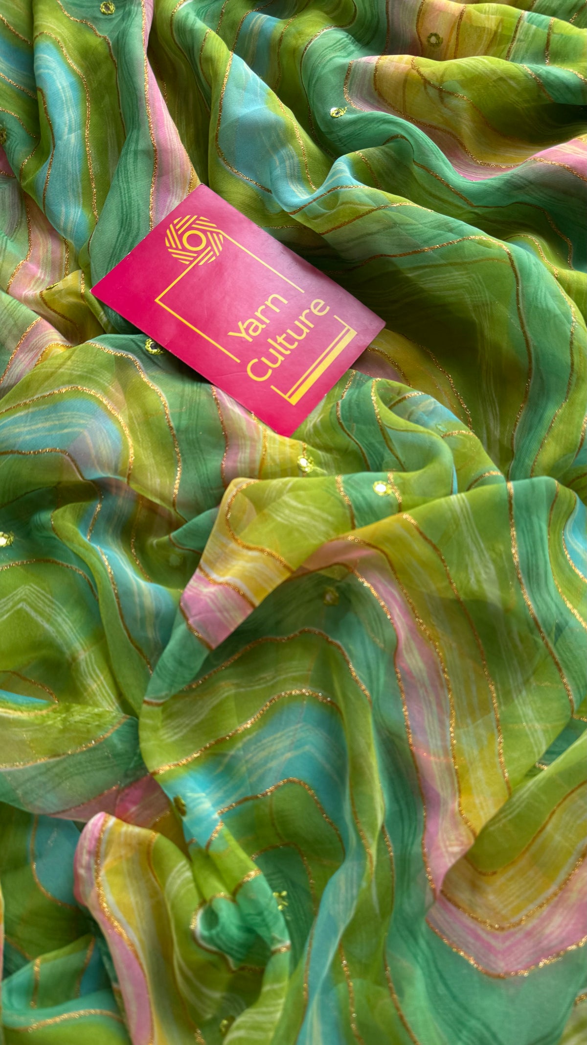 Green multicoloured leheriya chiffon saree with mirror work  - YCTORLOC97