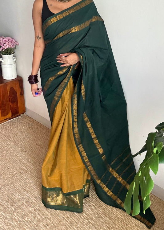Dark green with ginger green, sungudi and chettinad cotton half and half saree - YCCOTNIDOC135