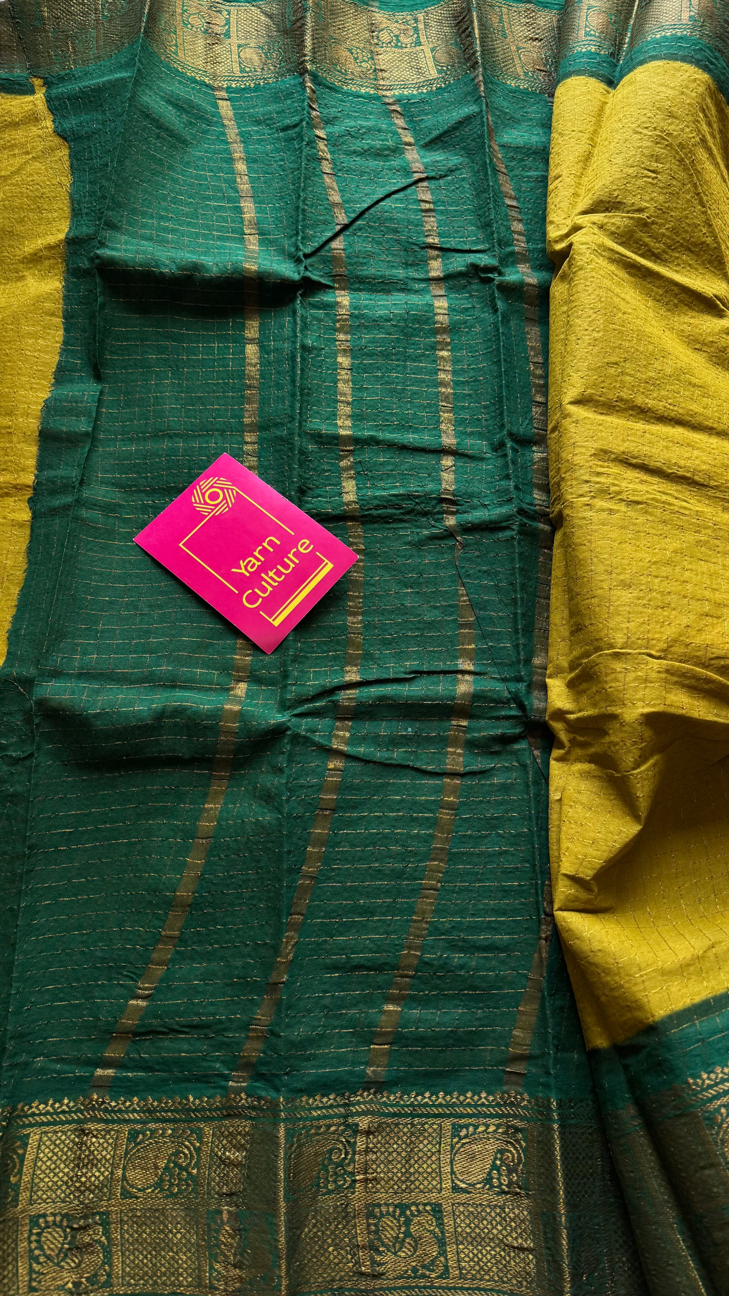 Light green with dark green contrast zari checkered sungudi, kattuchayam dyed madurai cotton - YCCOTNJU24