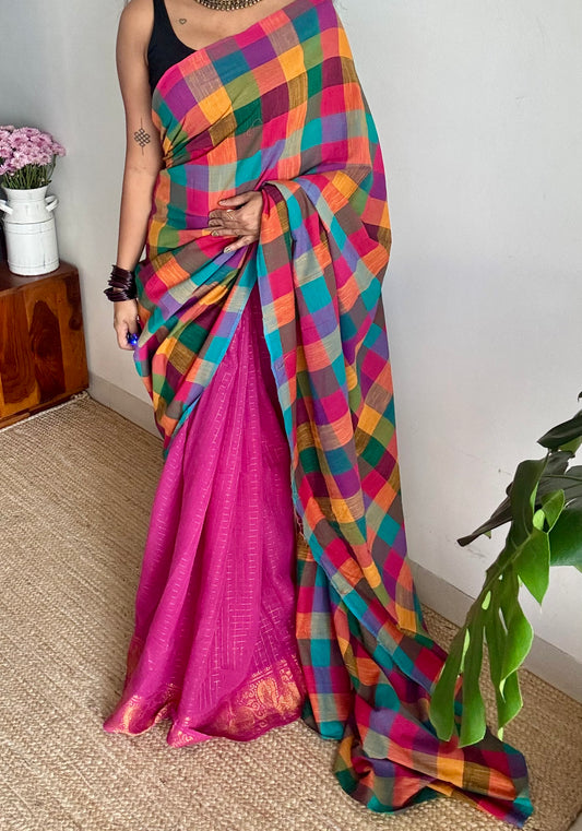 Light magenta with multicoloured madras checks, cotton half and half saree - YCCOTNIDOC159