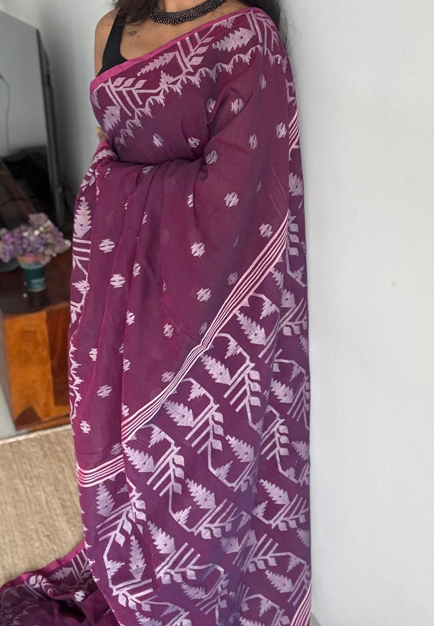 Purple double tone jamdani in soft cotton - YCBCKJJA138