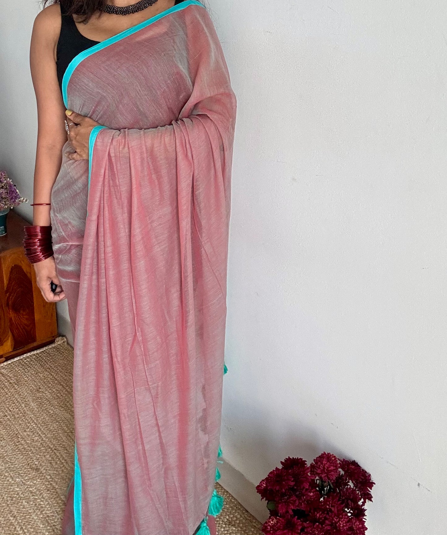 Dusky pinkish brown with aqua blue border mul cotton saree - YCBCMCFE222
