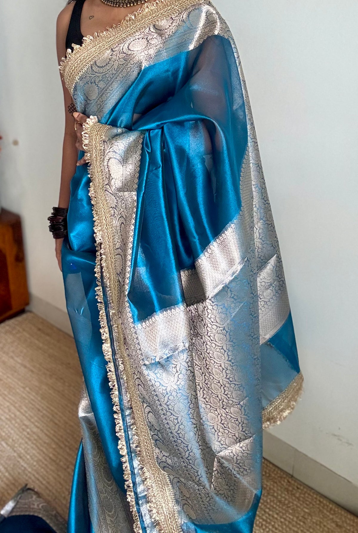 Peacock blue tissue Banarasi saree with embellished gold lace border - YCBLTOC77