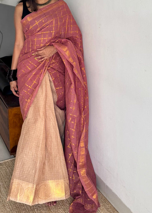 Onion pink with cream, sungudi cotton half-half saree - YCCOTNMSFE360