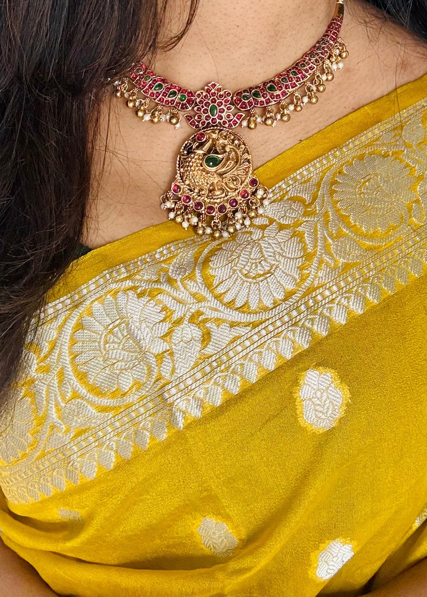 Kemp stones, peacock pendant necklace with jhumkas - YCGPNP469