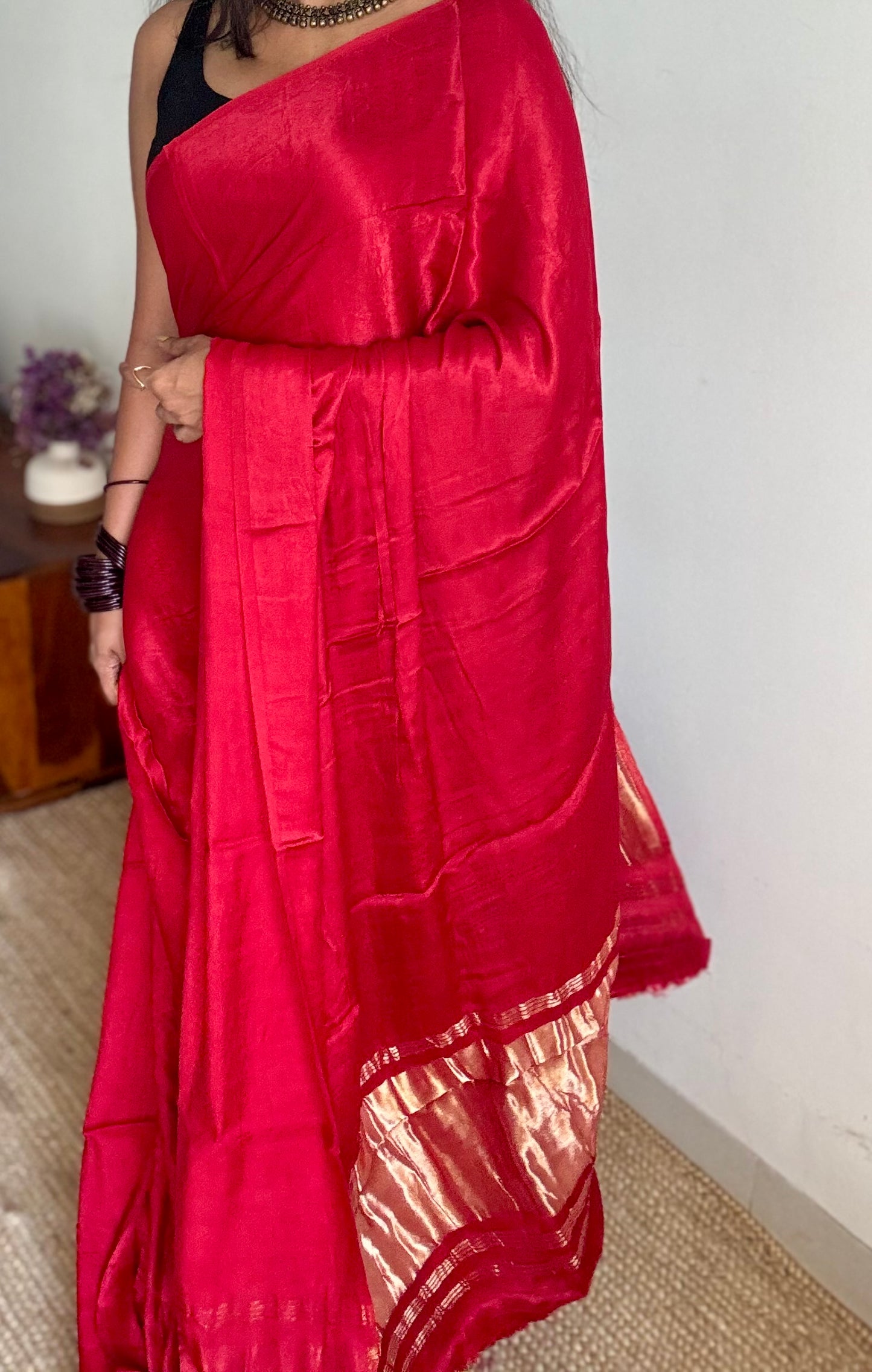 Plain red pure modal silk saree with gold zari pallu - YCTOKBM336