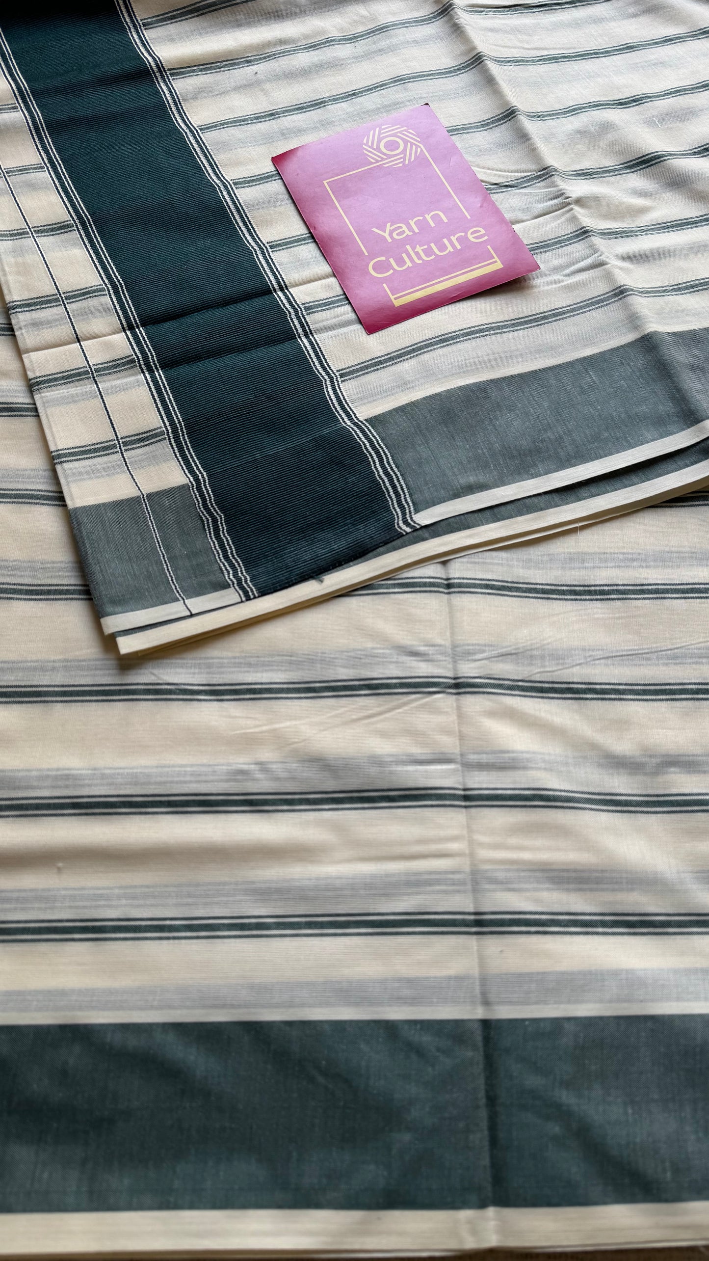 Ivory Kerala cotton saree with green stripes and border - YCIEKCFE323