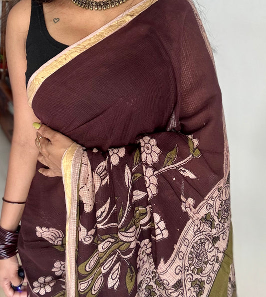Purple brown floral kalamkari saree in kota - YCWOTDMA355