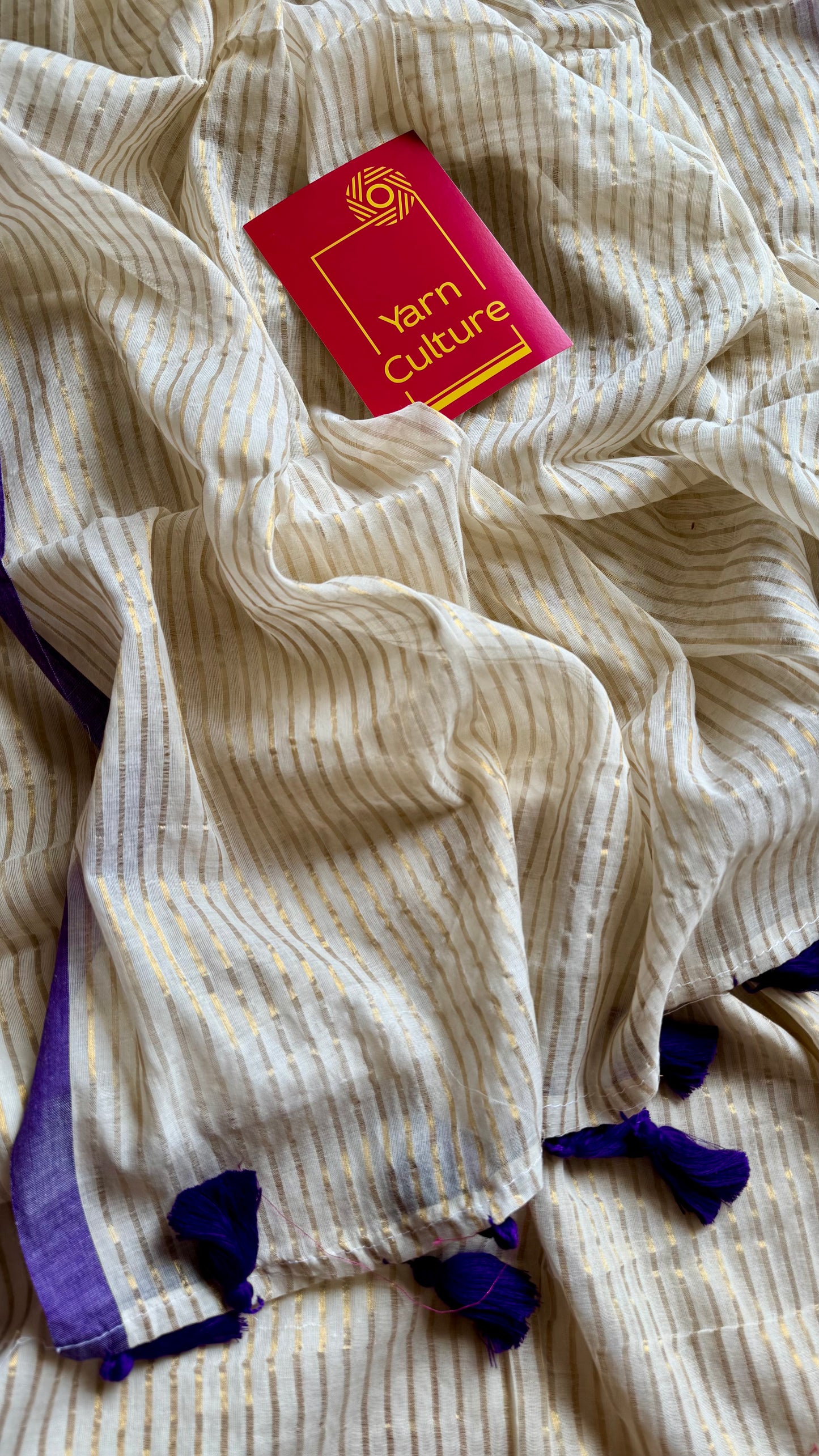 Ivory mul saree, gold stripes, purple border - YCIEON21