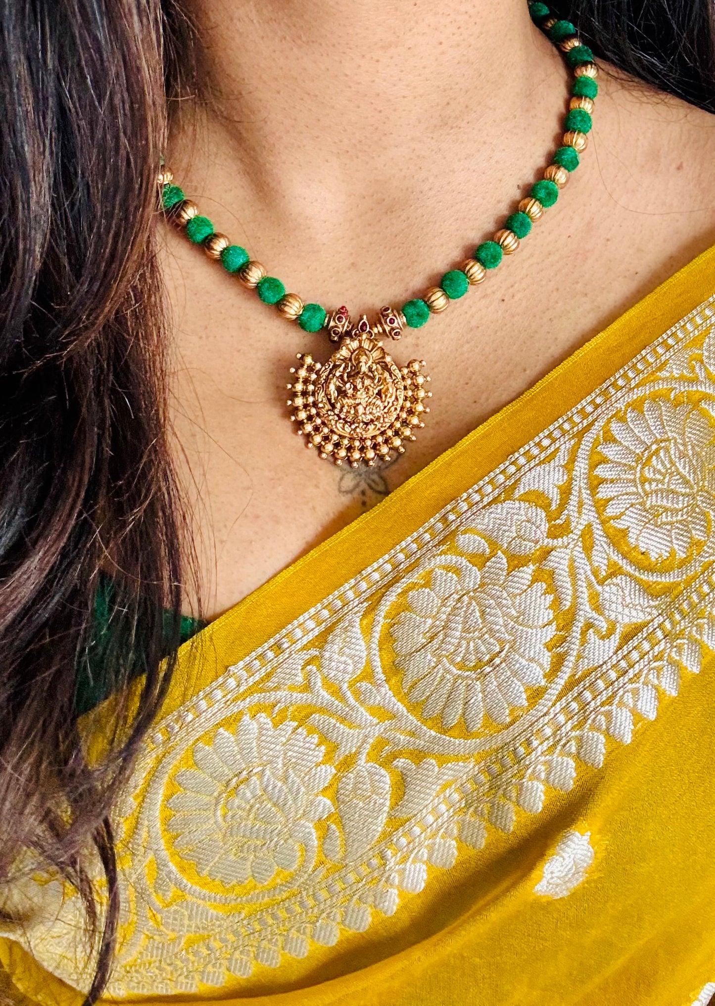 Green with gold beads, temple pendant in antique gold finish neckpiece - YCGPNP656