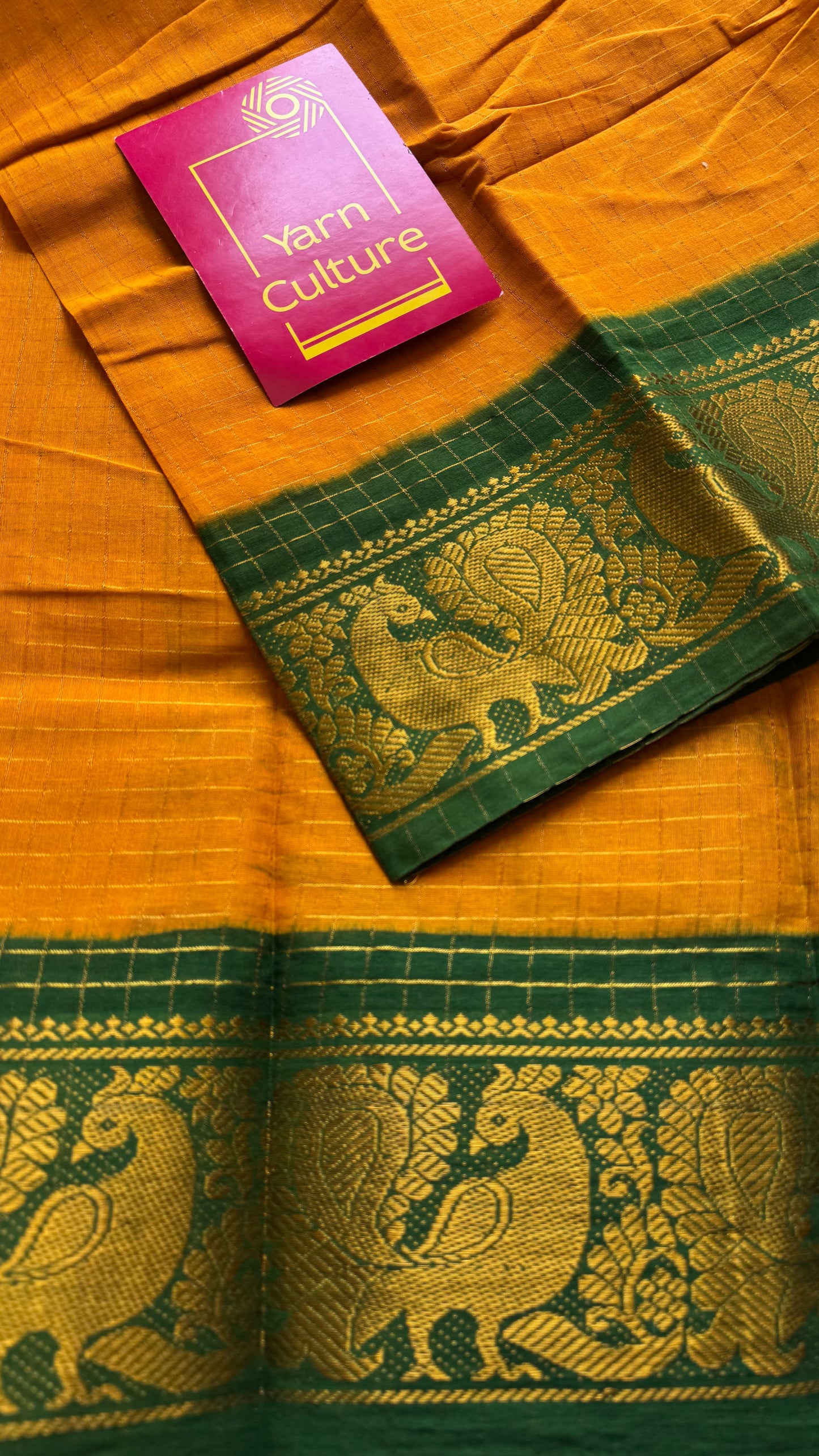 Mango yellow with green contrast zari checkered sungudi, kattuchayam dyed madurai cotton - YCCOTNMSAP181