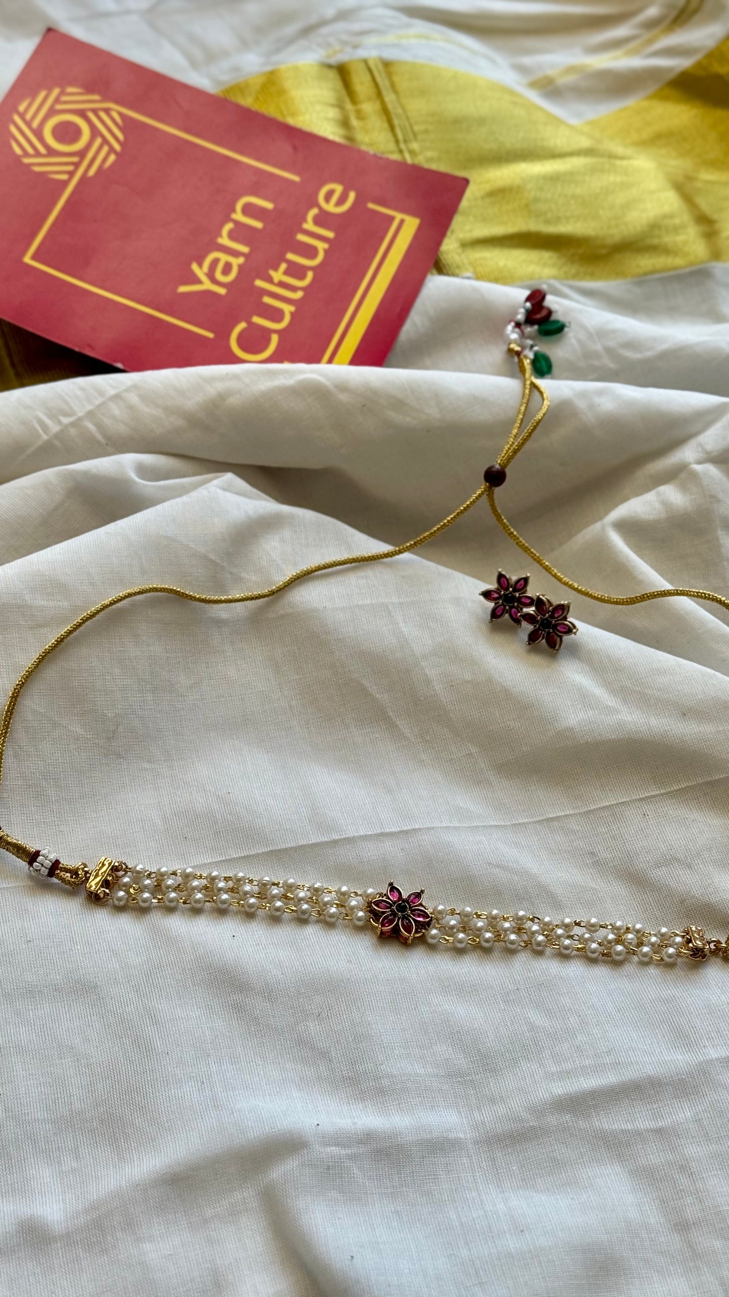 3 layered pearl neckpiece, floral pendant, with earrings - YCGPNP641