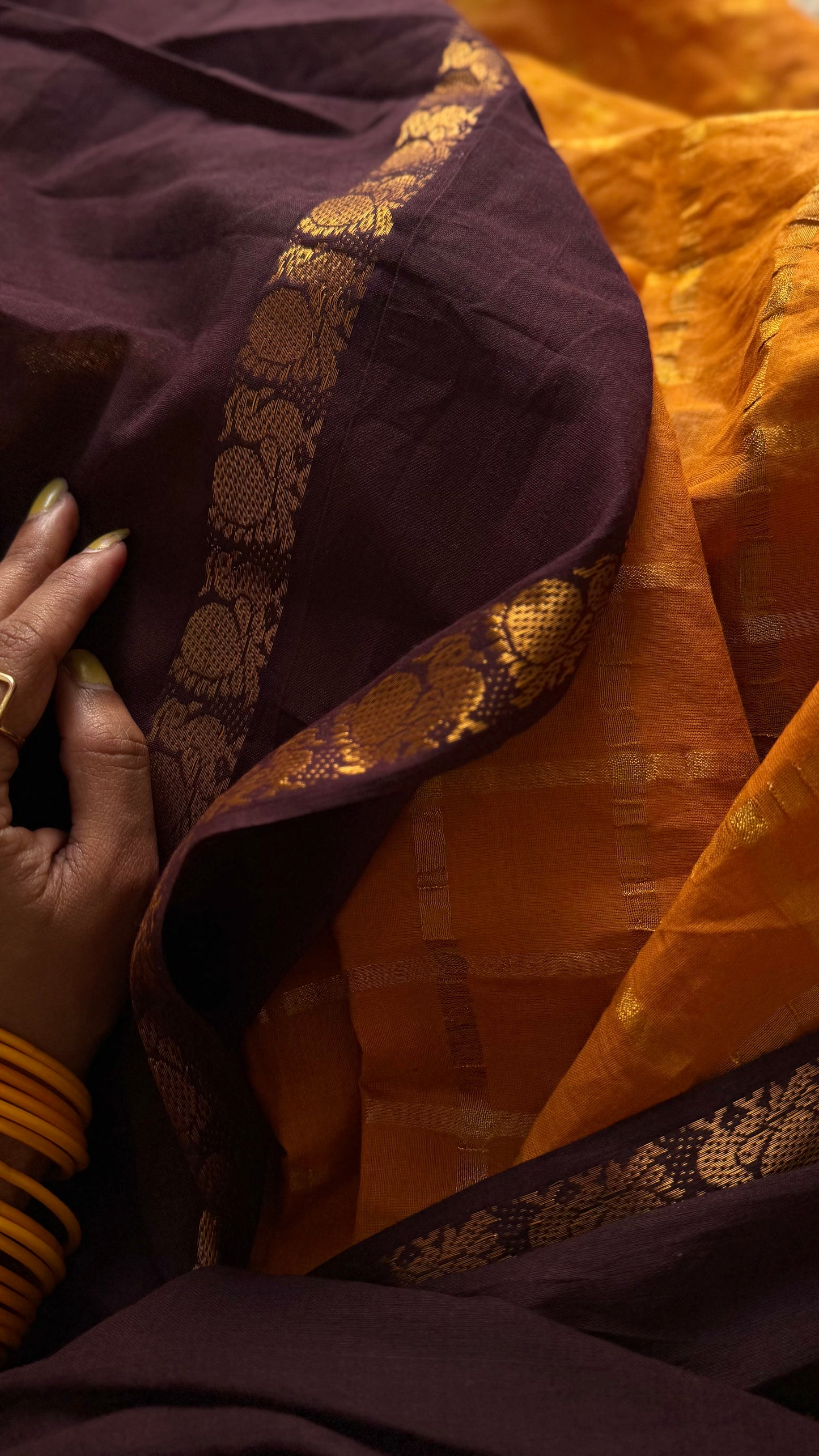 Samanthi (சாமந்தி) : brown with yellow, sungudi cotton - YCENOID03