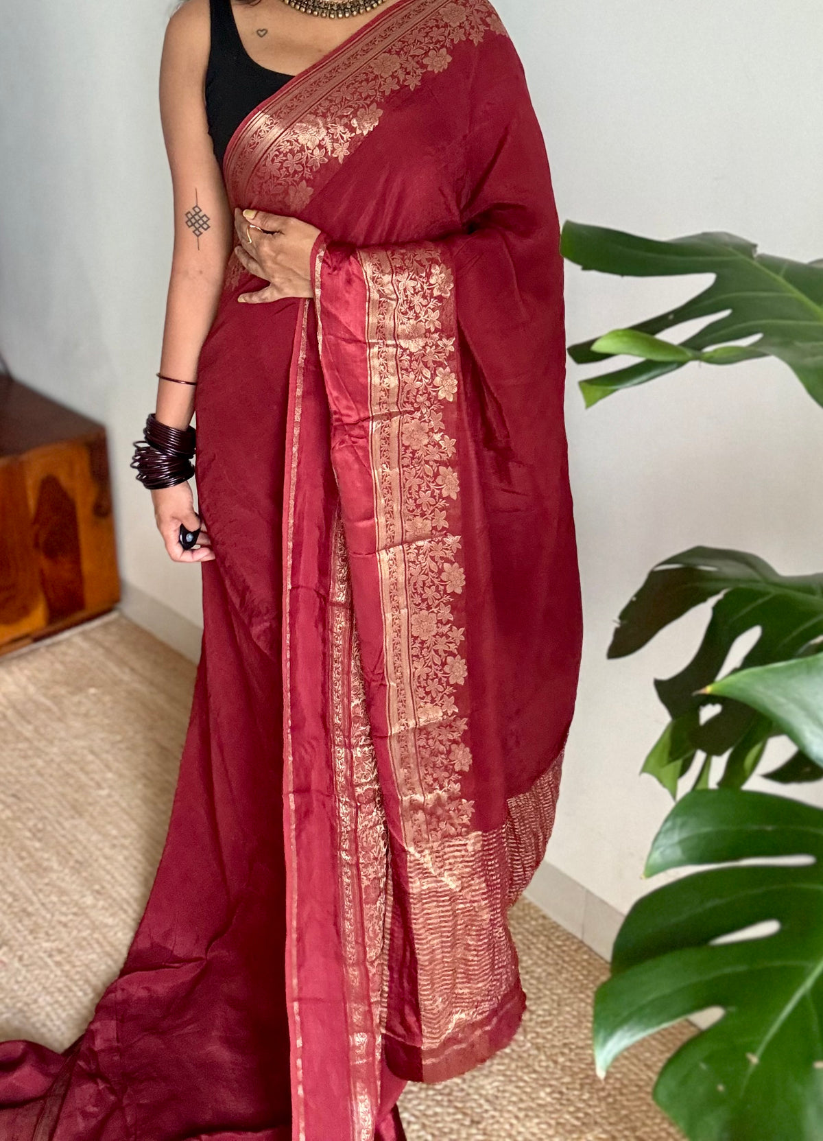 Maroon, semi crepe silk saree with antique gold floral border - YCLOKOC52