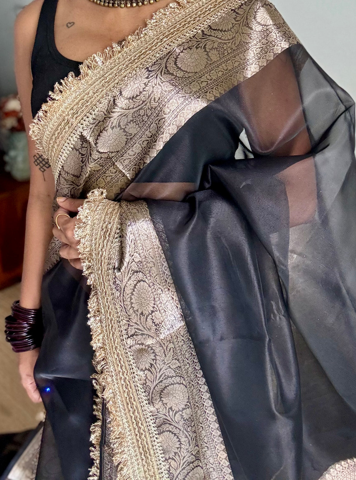 Black tissue Banarasi saree with embellished gold lace border - YCBLTOC81
