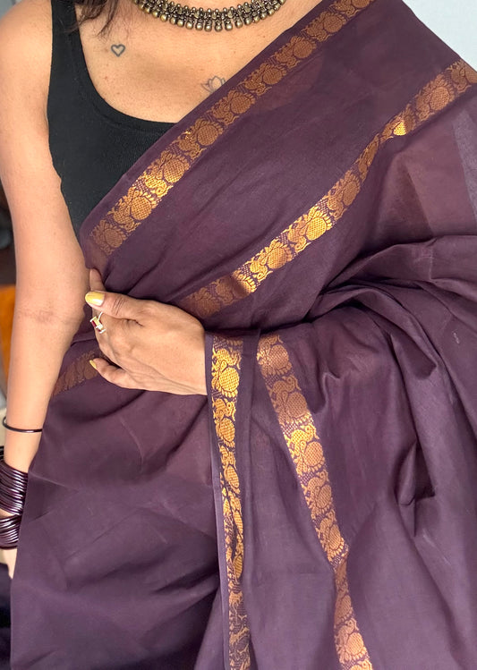 Brown rettaipettu peacock double bordered, kattuchayam dyed madurai cotton saree  - YCCOTNMSFE328