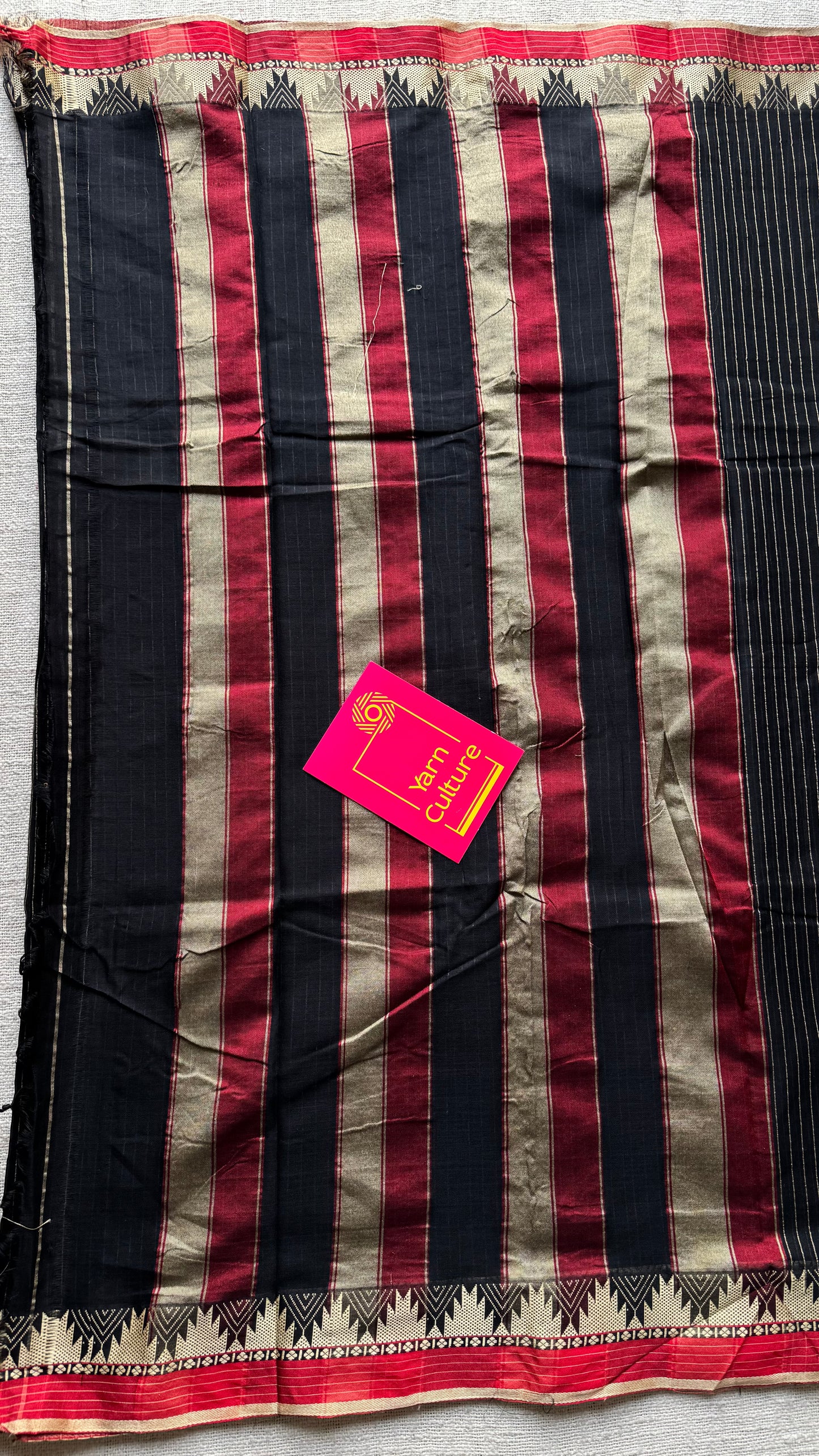 Black striped premium narayanpet soft cotton, with temple motif and checkered border - YCWOTDNPNO82