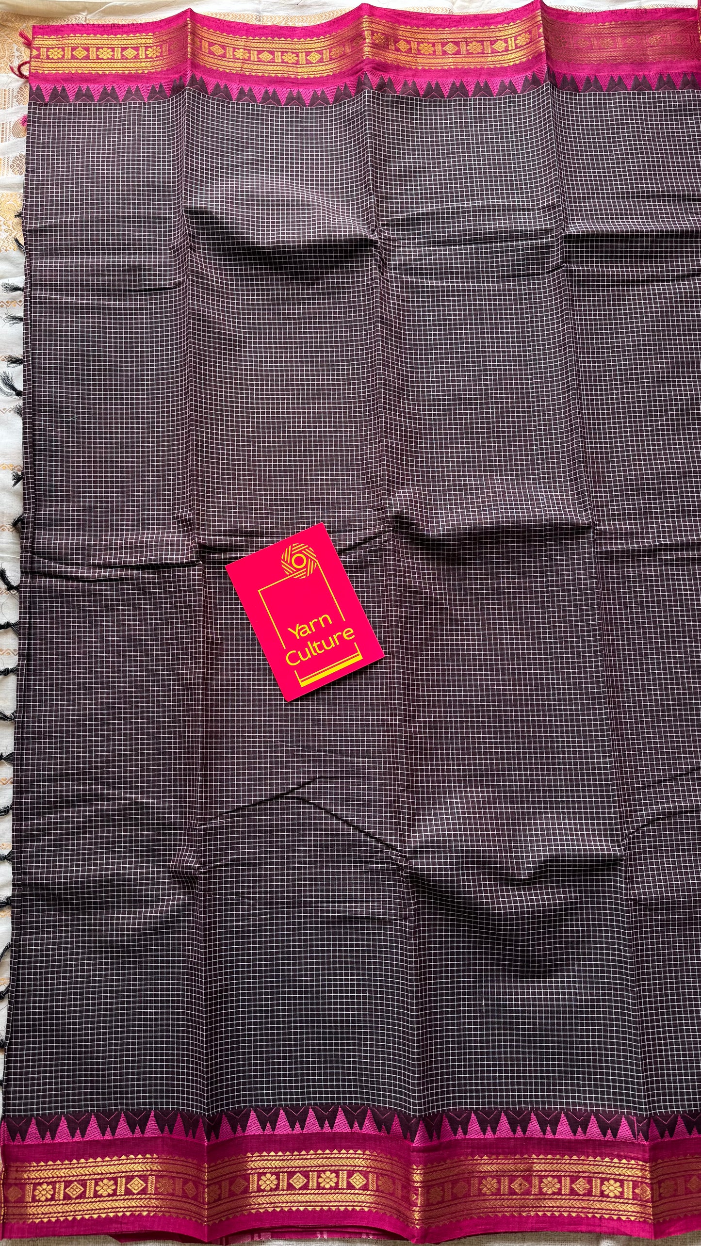 Dark brown with pink contrast, checkered kanchi cotton saree - YCCOTNJU18
