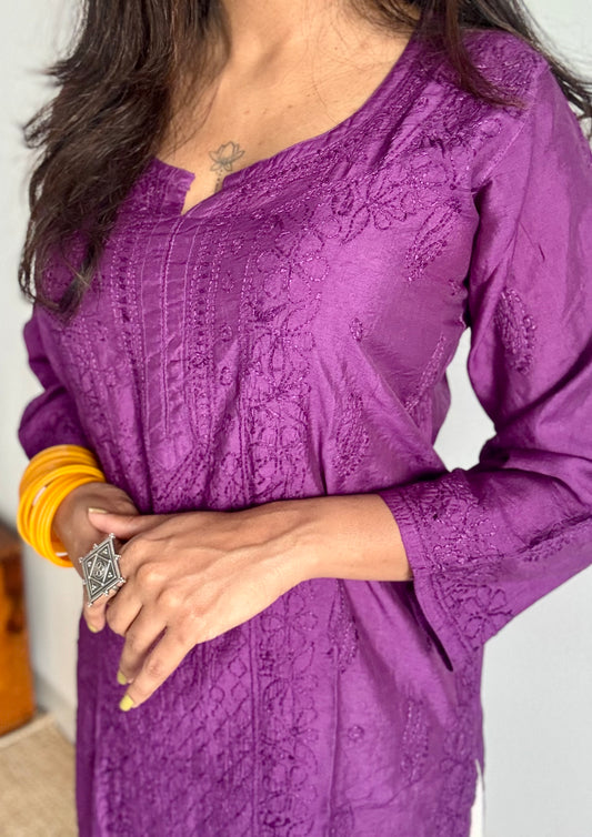 Light purple chanderi chikankari with ghas patti panel work, stitched kurta, round neck, three fourth sleeves - YCSECK55