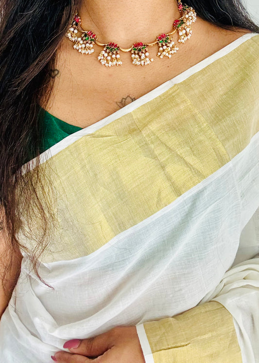 Ruby and green lotus with pearl hangings, with earrings - YCGPNP776