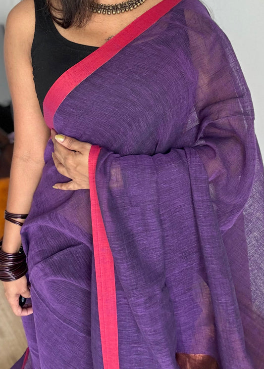 Purple plain linen by cotton saree with copper zari pallu - YCBCLCFE396