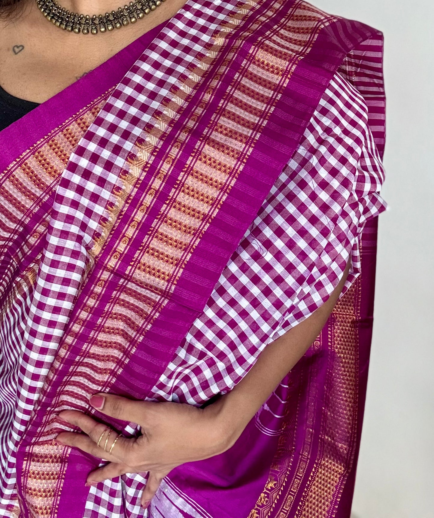 llkal purple pink and white checks with chikki paras border, soft cotton with art silk blend - YCLOKICAP226