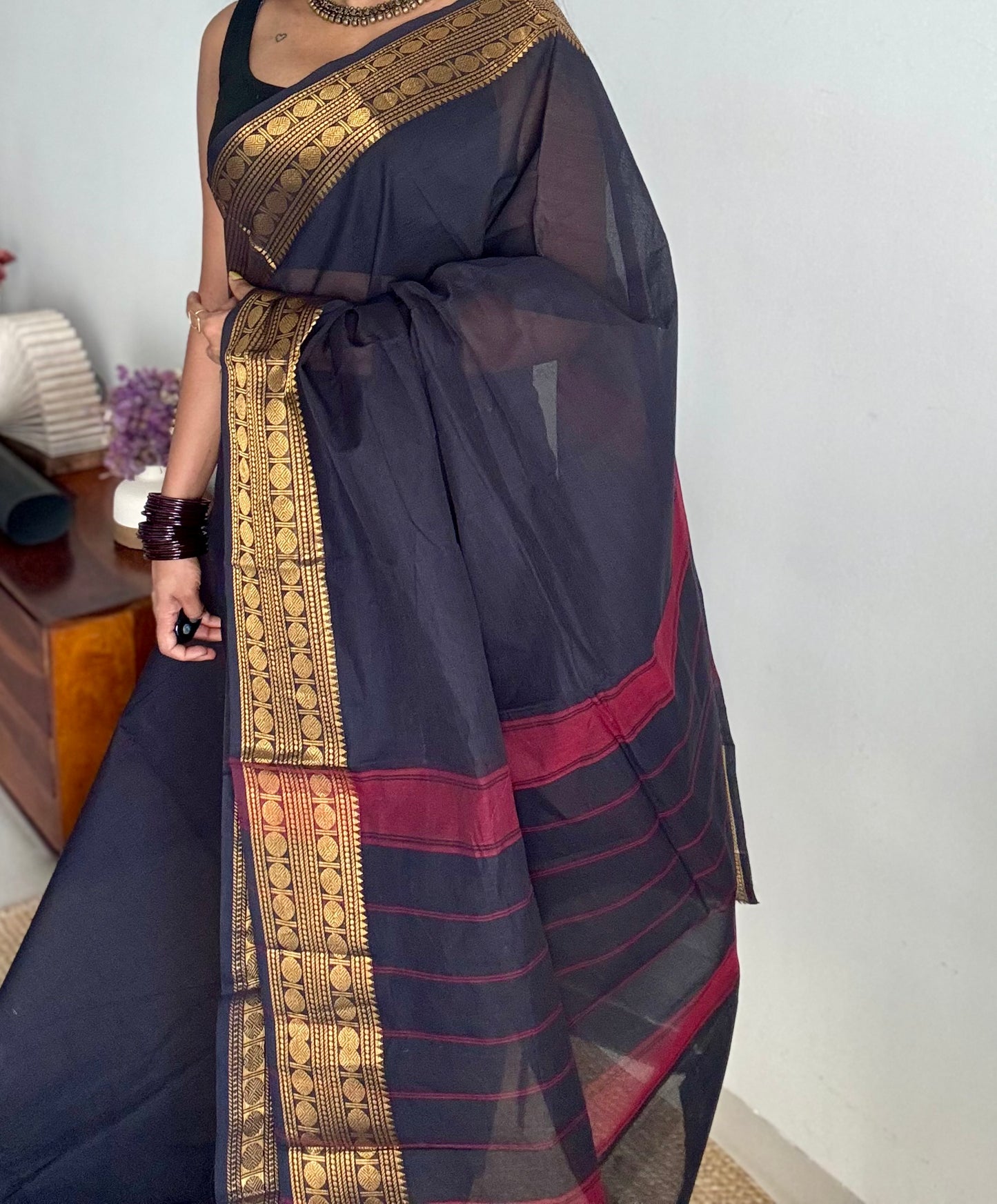 Chettinad cotton saree in black with zari motif border - YCCOTNJUCC08