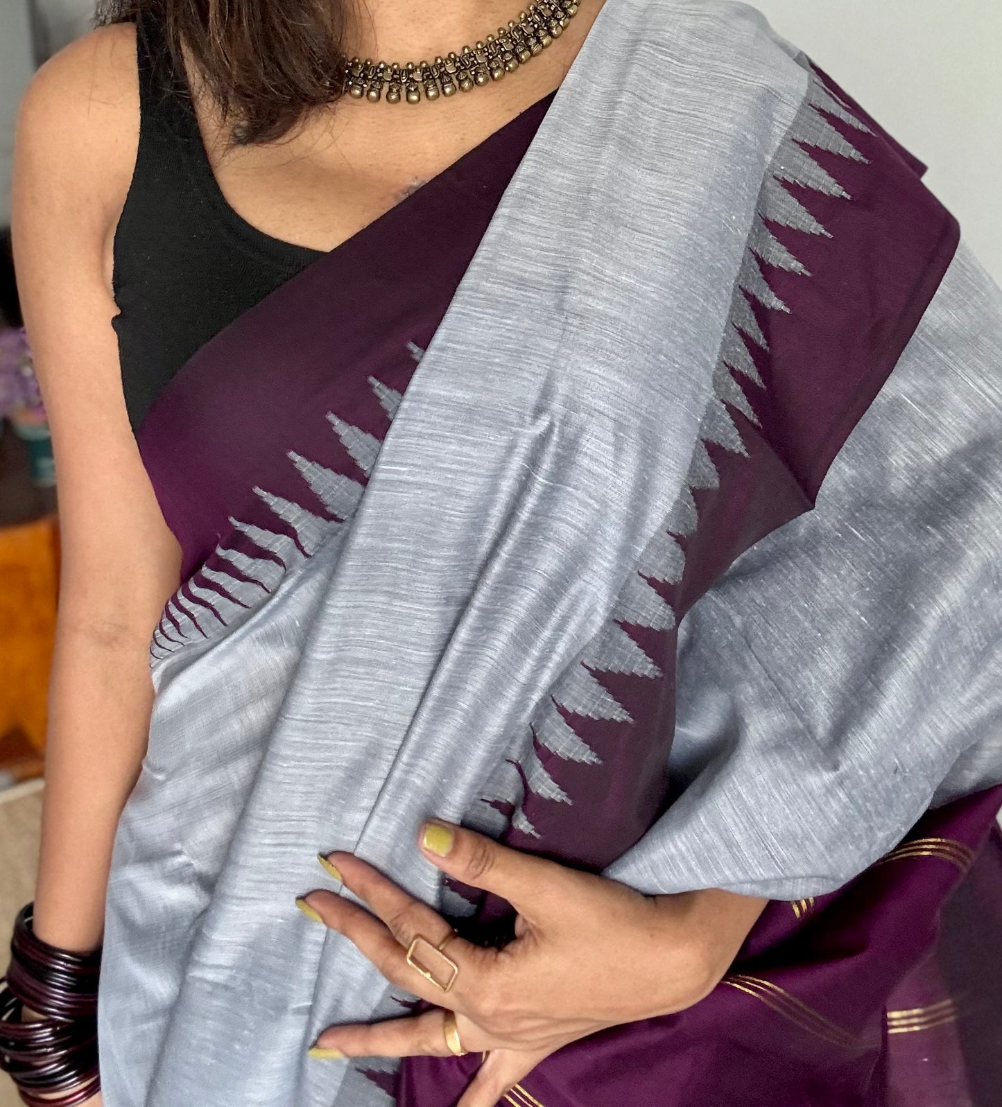 Grey with wine contrast, temple border saree, cotton silk - YCCOTNTBFE59