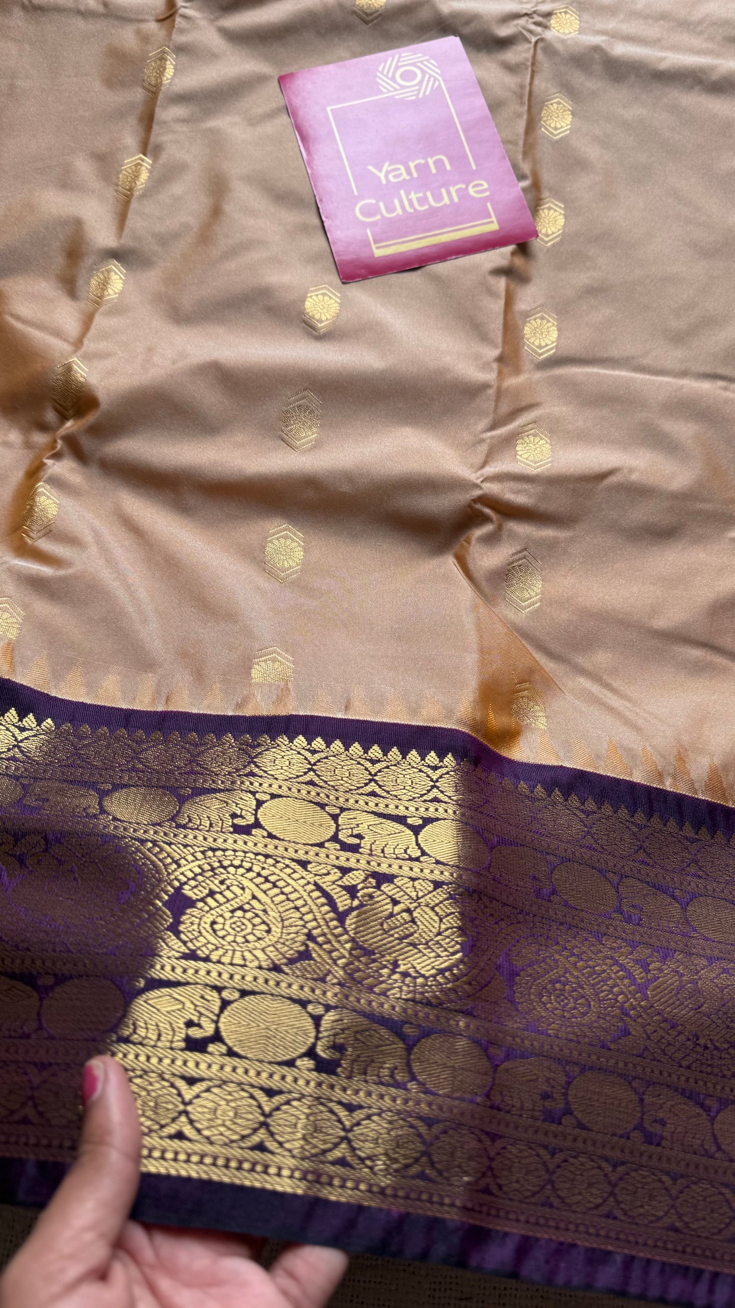 Mohini - beige with deep wine purple, handloom korvai semi silk - YCCOTNFEJUKS06