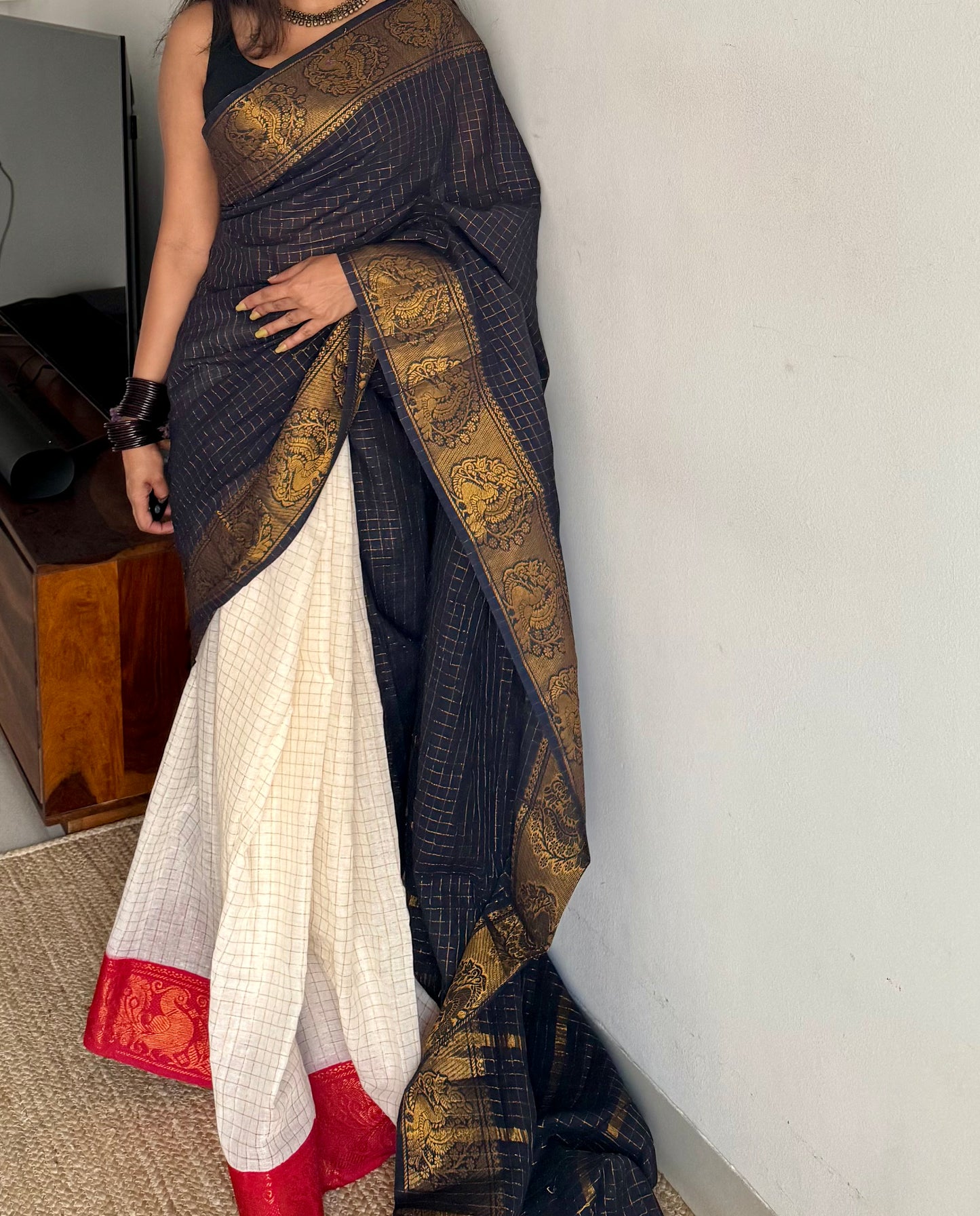 Black with ivory and red, sungudi cotton half-half saree - YCCOTNMSFE374