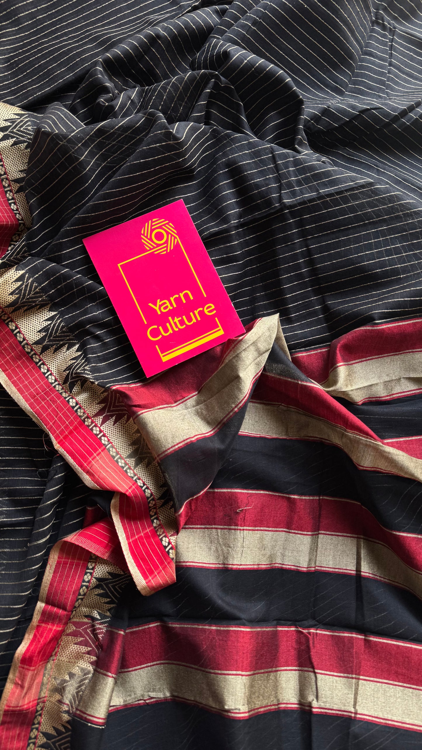 Black striped premium narayanpet soft cotton, with temple motif and checkered border - YCWOTDNPNO82