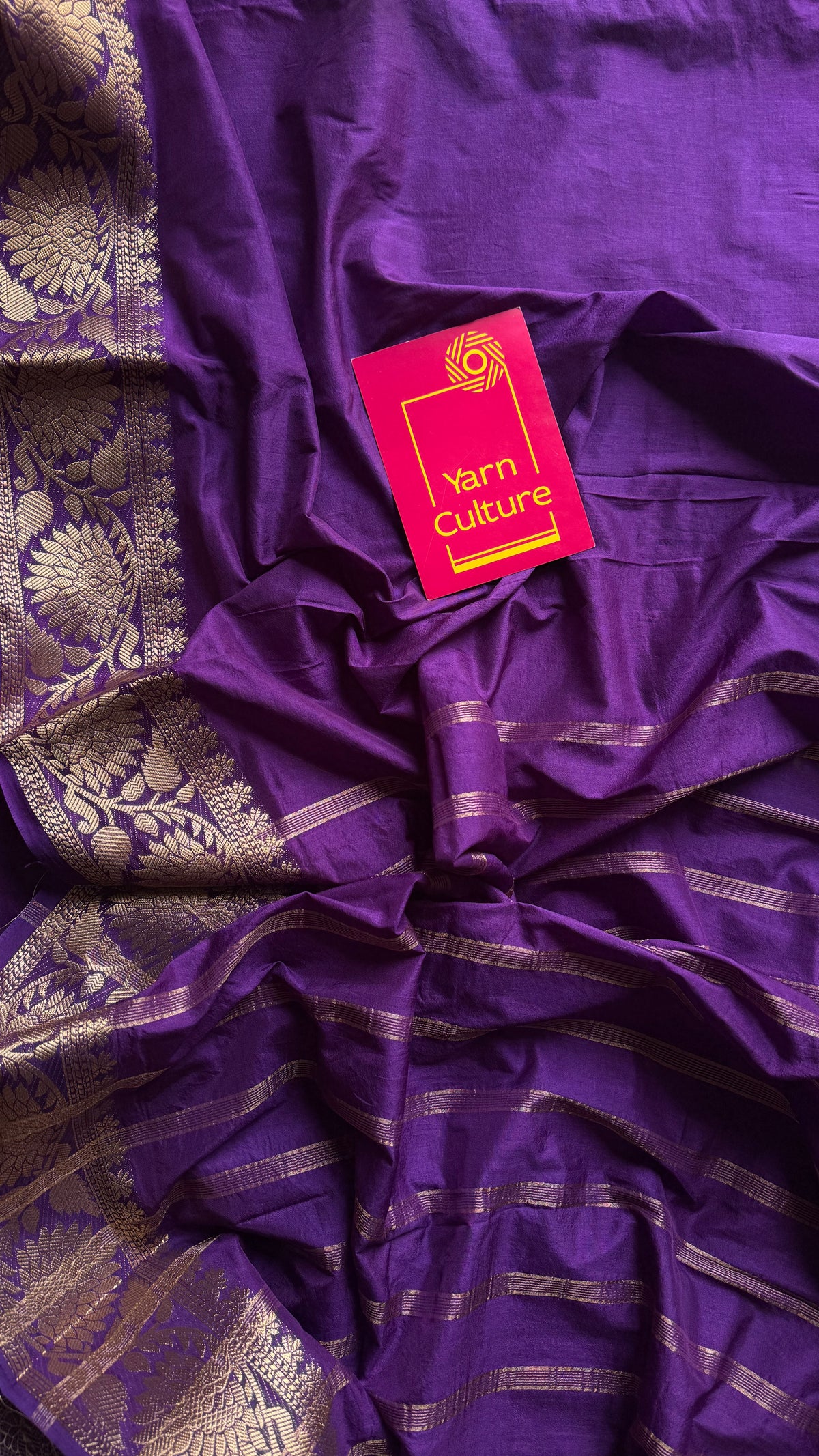 Purple, semi crepe silk saree with antique gold floral border - YCLOKOC59